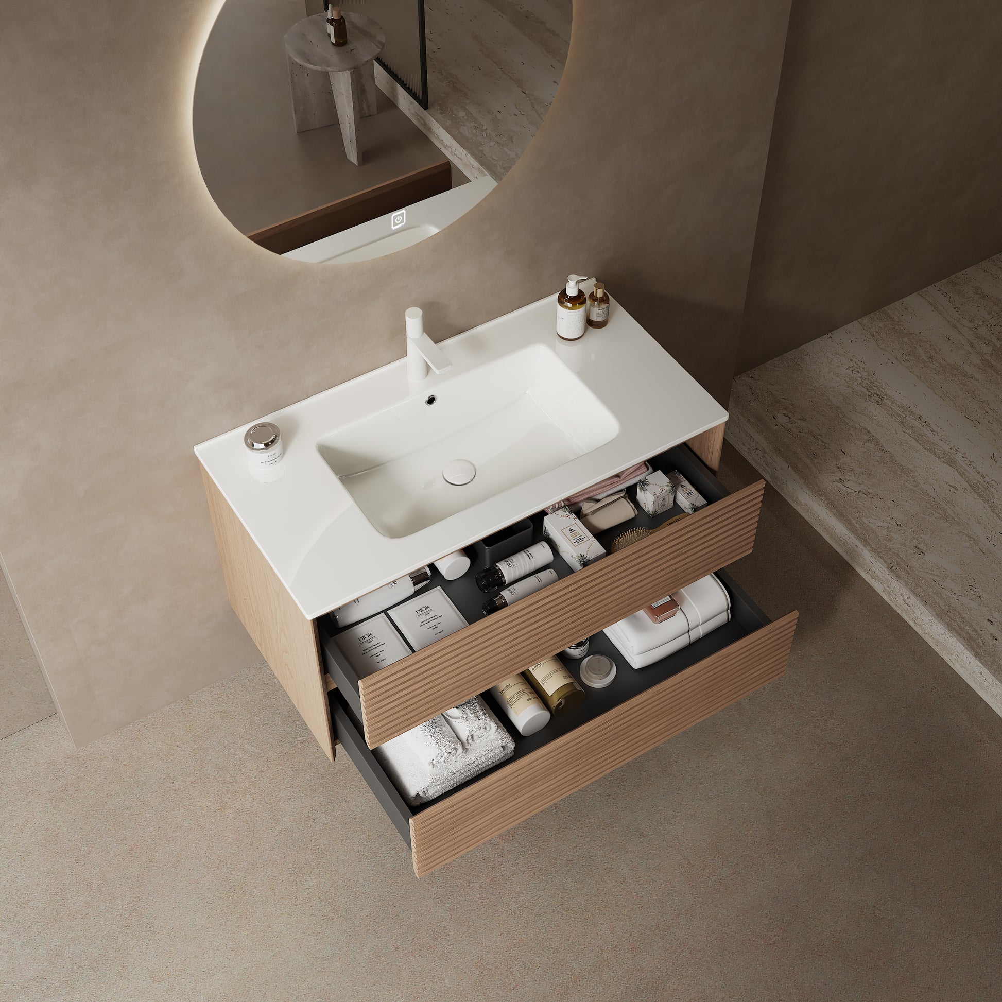 Bron 36" Bathroom Vanity With Sink, Modern Wall Mounted Floating Plywood Bathroom Storage Cabinet With 2 Drawers, White Ceramic Basin With Sink Hole Cover And Drain, Natural Walnut White Natural