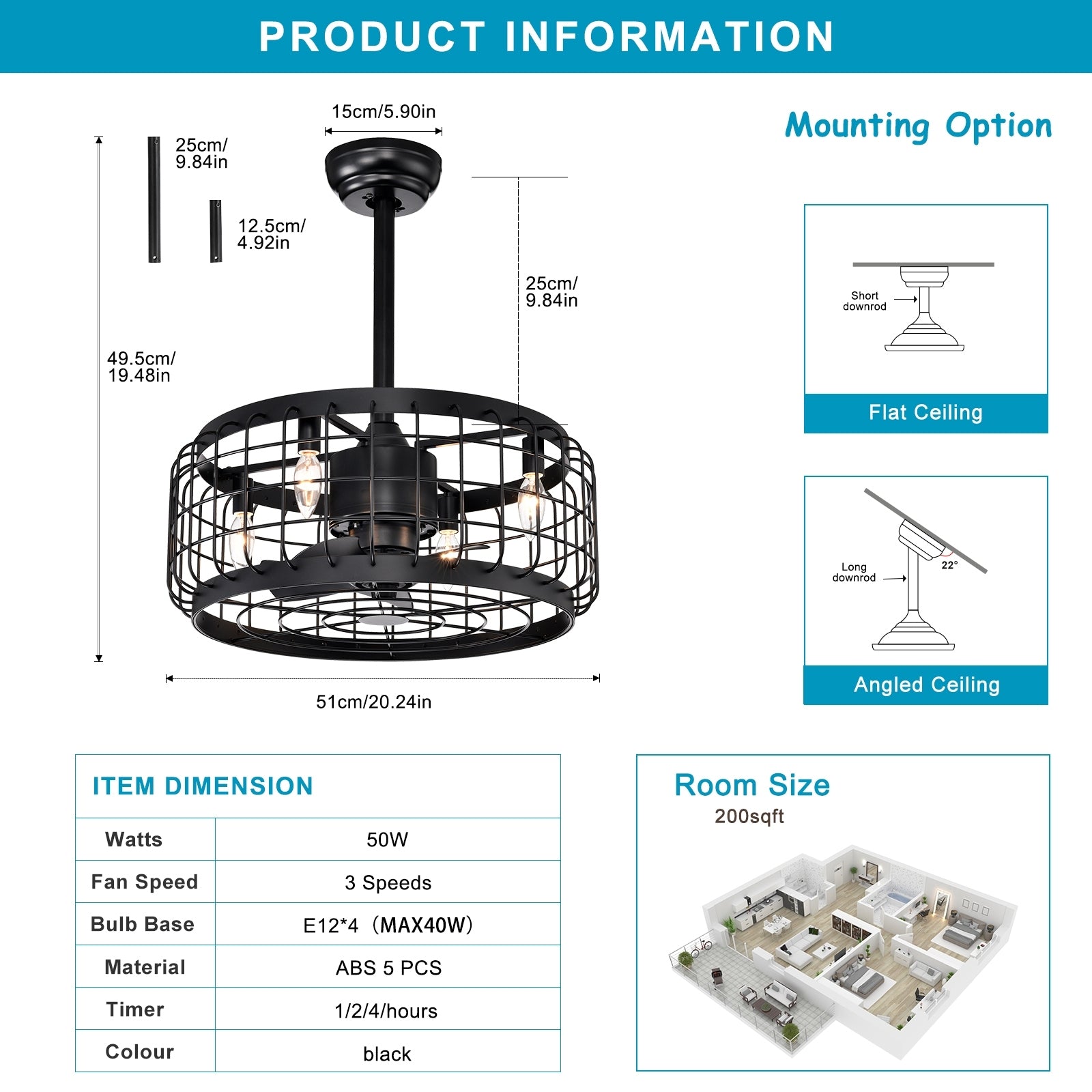 20.24" Caged Ceiling Fan With Remote Control,Timer, 3 Speeds Indoor Ceiling Fan For Farmhouse, Bedroom Living Room No Include Bulbs Matte Black American Design,Farmhouse,Modern,Traditional,Vintage Abs Metal