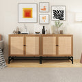 Set Of 2, Natural Rattan, 2 Door Cabinet, With 1 Adjustable Inner Shelves, Rattan, Accent Storage Cabinet Walnut Particle Board