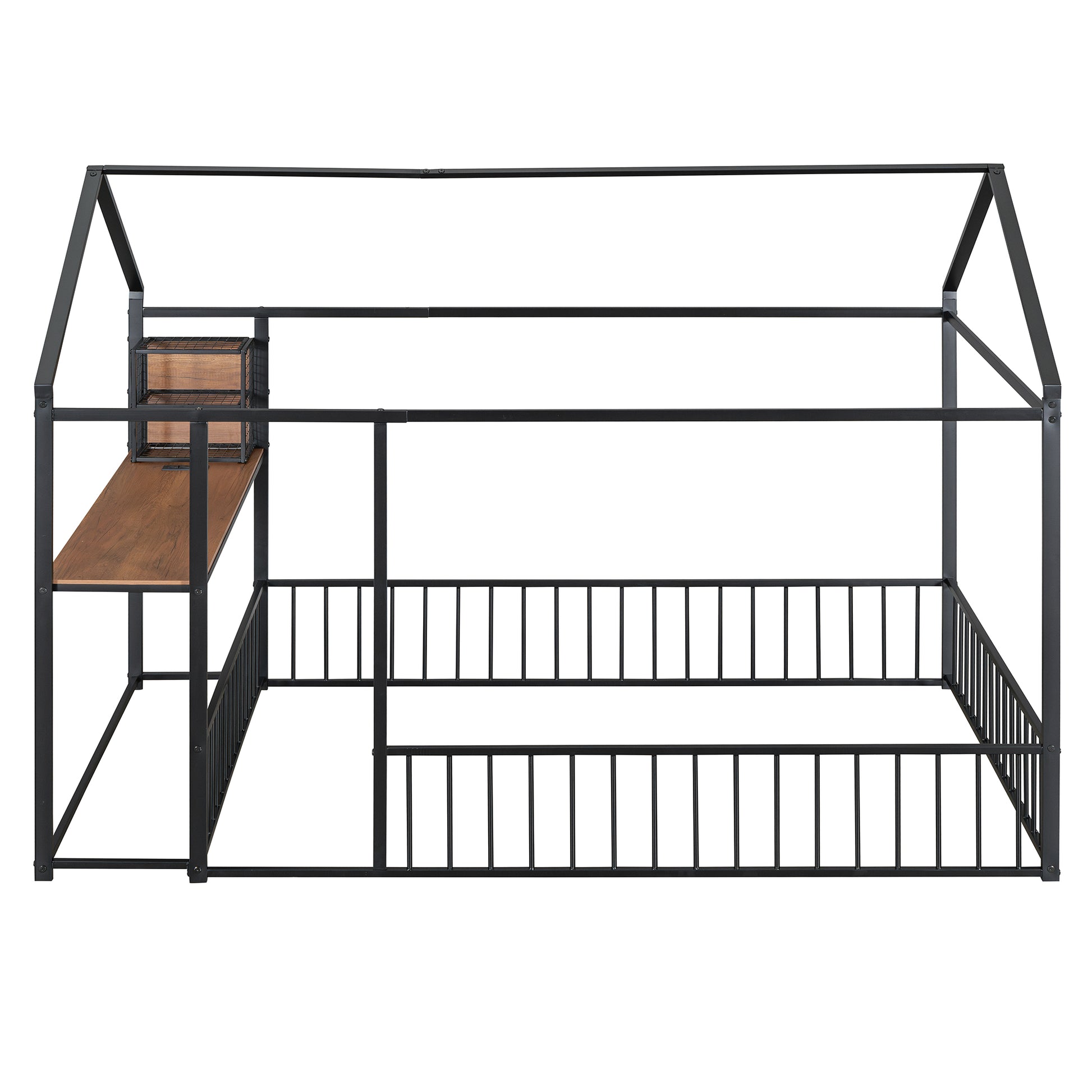 Full Size Metal Bed House Bed Frame With Desk, Shelves, Power Outlets And Usb Ports, Black Full Black Metal