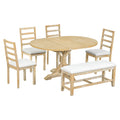 Farmhouse 6 Piece 60Inch Extendable Pedestal Dining Table Set With 18Inch Removable Leaf, 44Inch Bench And 4 Ladder Back Dining Chairs, Natural Wood Dining Room Solid Wood Rubberwood Oval Dining Table With Bench Wood Wood Natural Ladder Back Seats 6 60