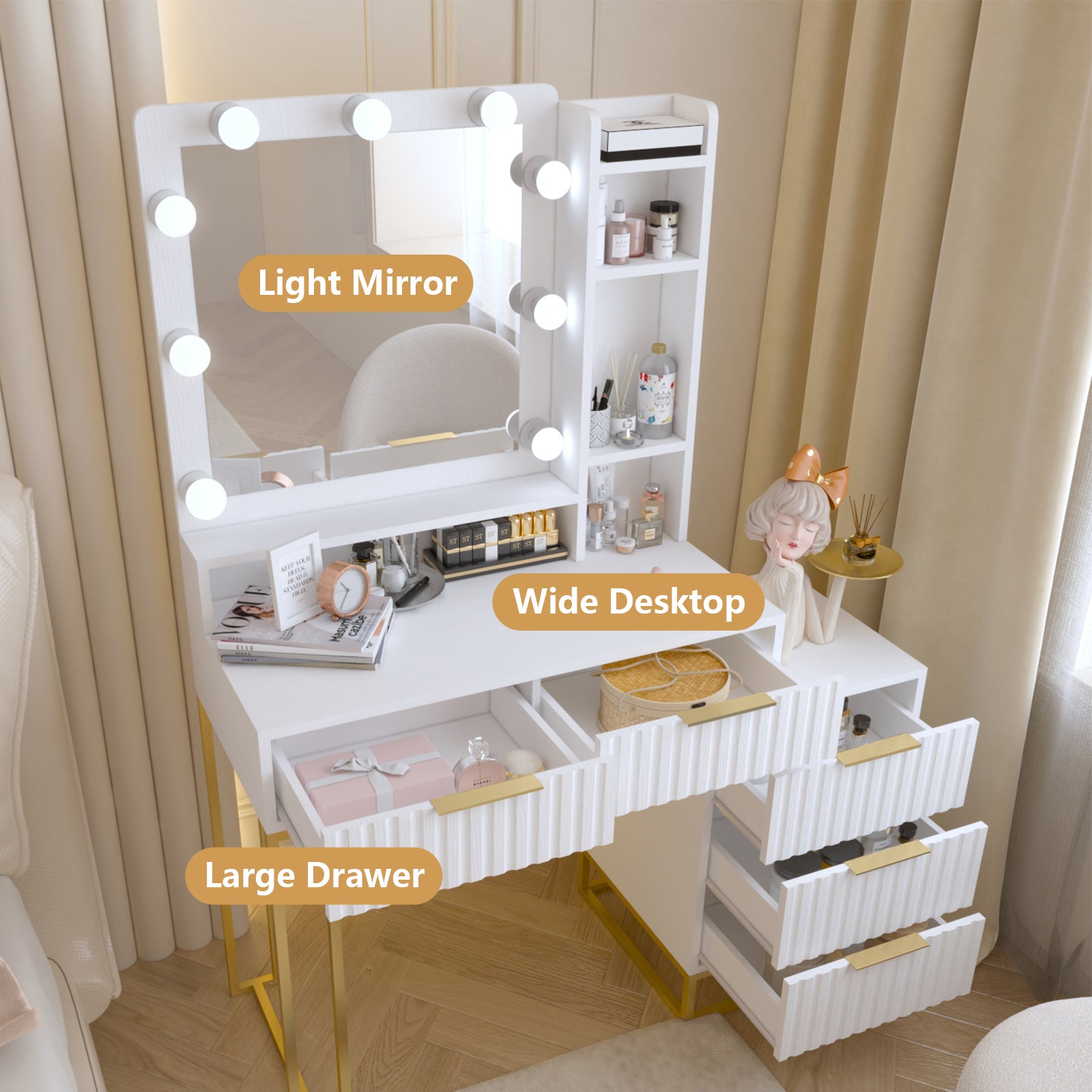 Makeup Vanity Desk With Mirror And Lights, Vanity Table, 5 Drawers, Side Cabinet, Storage Shelves For Bedroom, White White Drawer 5 Drawers & Above Bedroom Extra Deep Drawers Mdf