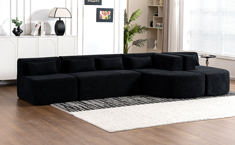 143.7" Upholstered Sofa Free Combined Sofa Couch With Two Chaise Lounge And Five Back Pillows For Living Room, Black Black Foam Polyester 5 Seat