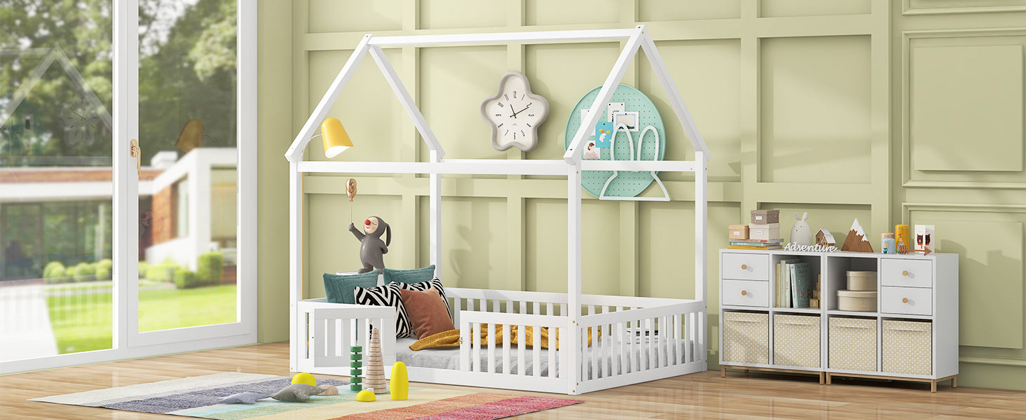 Full Size Wood House Bed With Fence And Door, White Old Sku: Wf303134Aak Box Spring Not Required Full White Wood Bedroom Bed Frame Pine