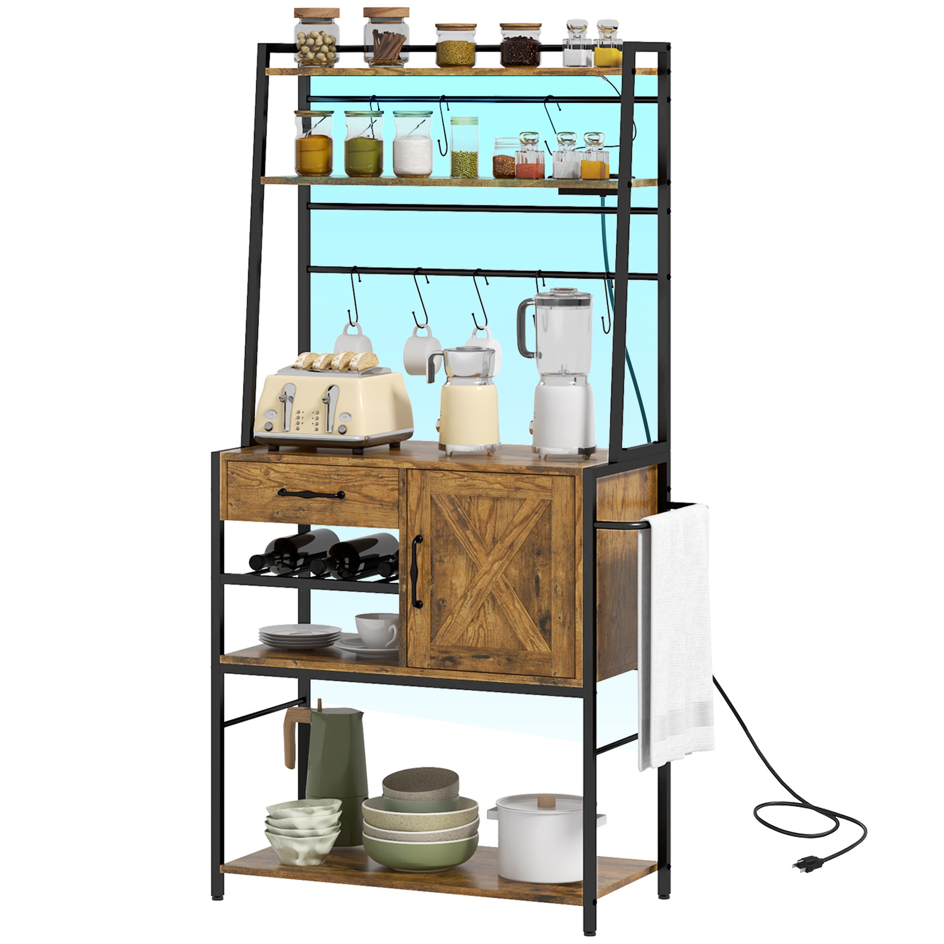 Homcom Baker'S Rack With Power Outlet And Led Lights, Coffee Bar With Storage Shelves, Industrial Microwave Stand With Wine Bottle Rack, Drawer, Barn Door Cabinet, Rustic Brown Rustic Brown Particle Board