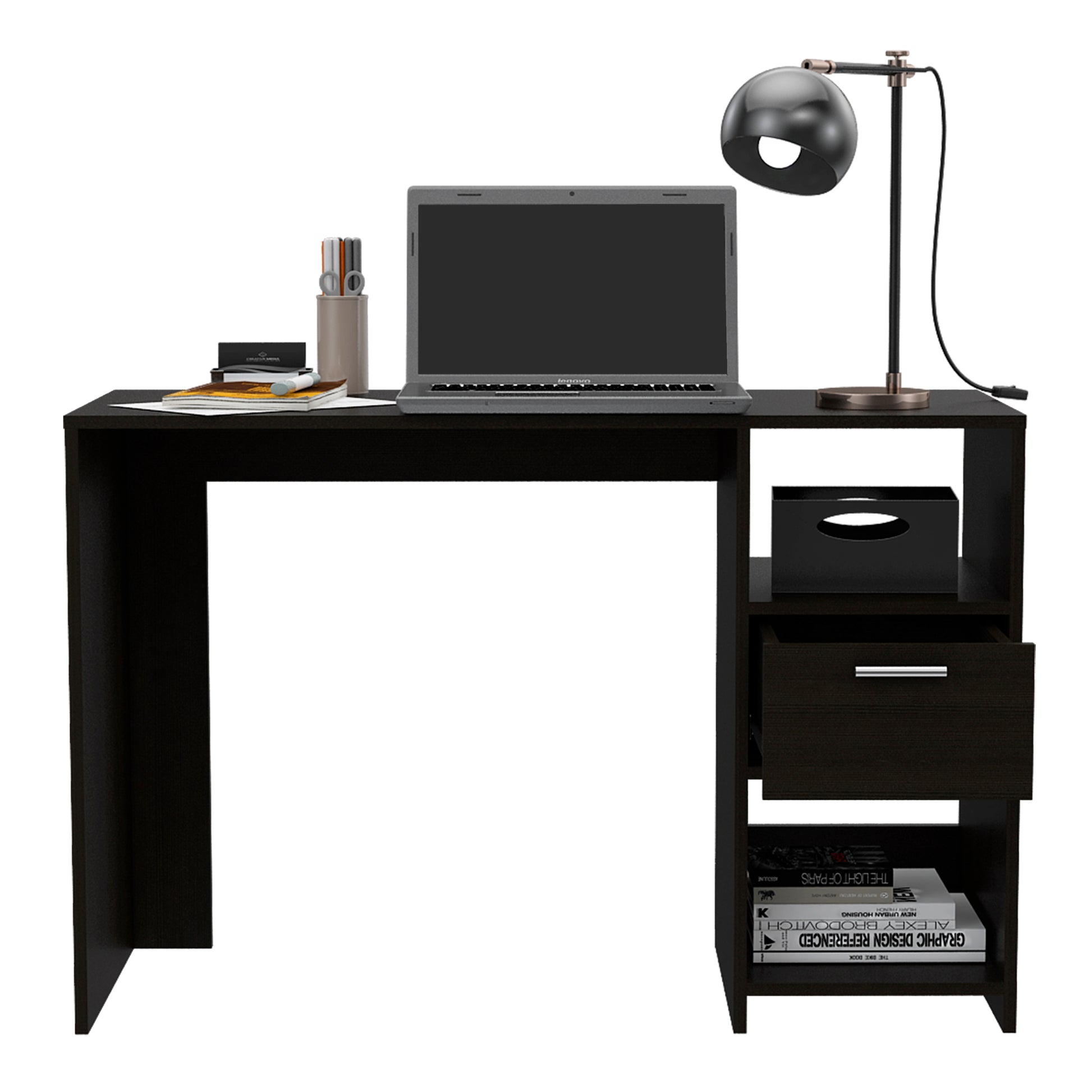 Arlington Computer Desk With 2 Open Storage Shelves And Drawer With Handle Black Computer Desk Office Contemporary Rectangular Drawers Computer Tables Rectangular Melamine Engineered Wood