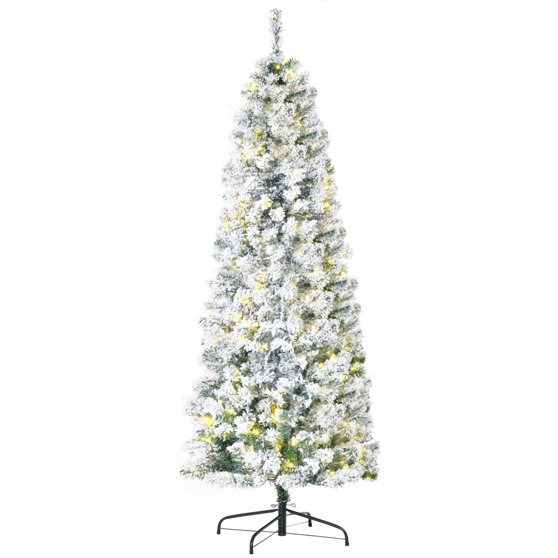 Homcom 6Ft Pre Lit Snow Flocked Slim Douglas Fir Artificial Christmas Tree With Realistic Branches, 250 Led Lights And 462 Tips Green Pvc