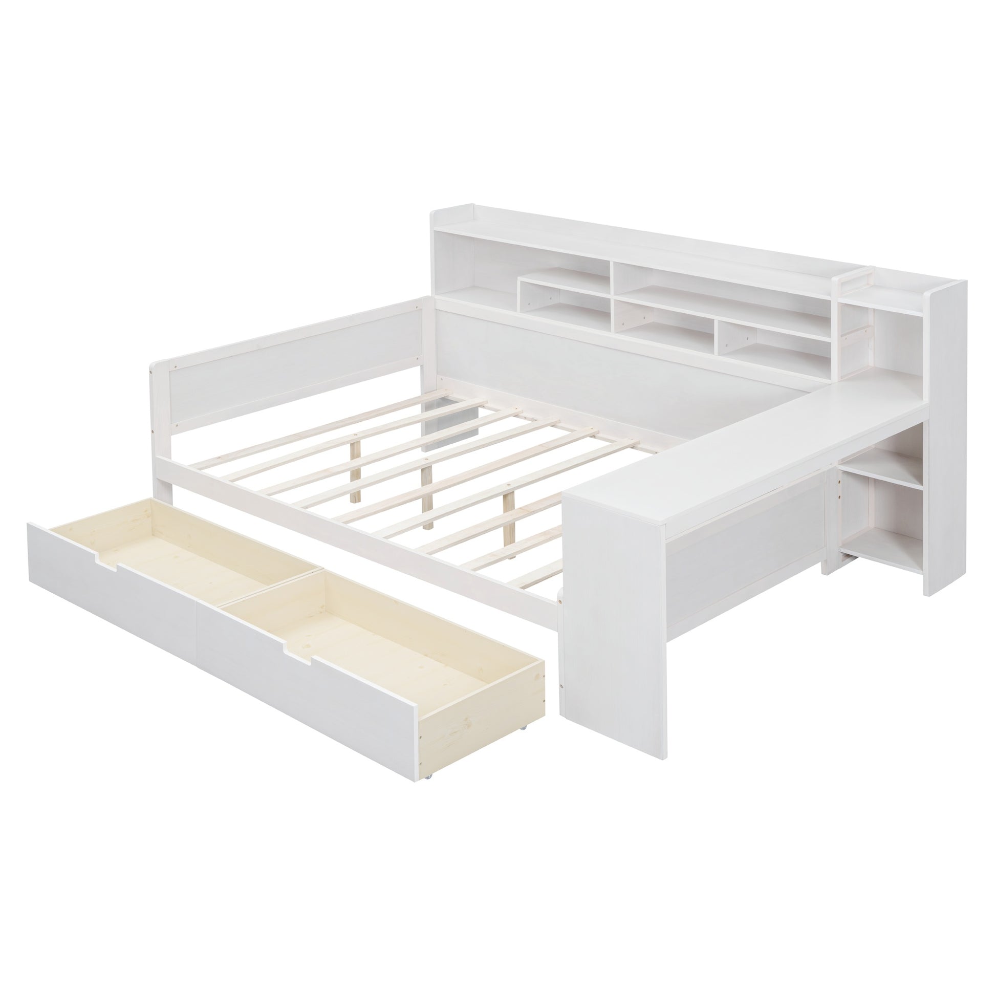 Wooden Full Size Daybed With Storage Shelves, Multi Functional Bed With Two Storage Drawers And Study Desk, Antique White Old Sku: Hl000089Aak Full Antique White Wood