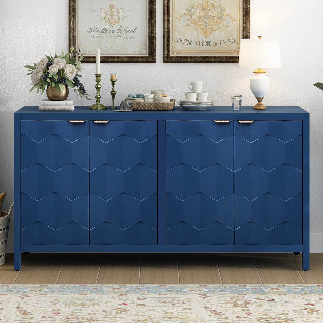 Luxurious Four Door Sideboard With Honeycomb Patterned Doors, Offering Large Storage For Study,Entrance And Living Room Navy Blue Primary Living Space American Design Mdf