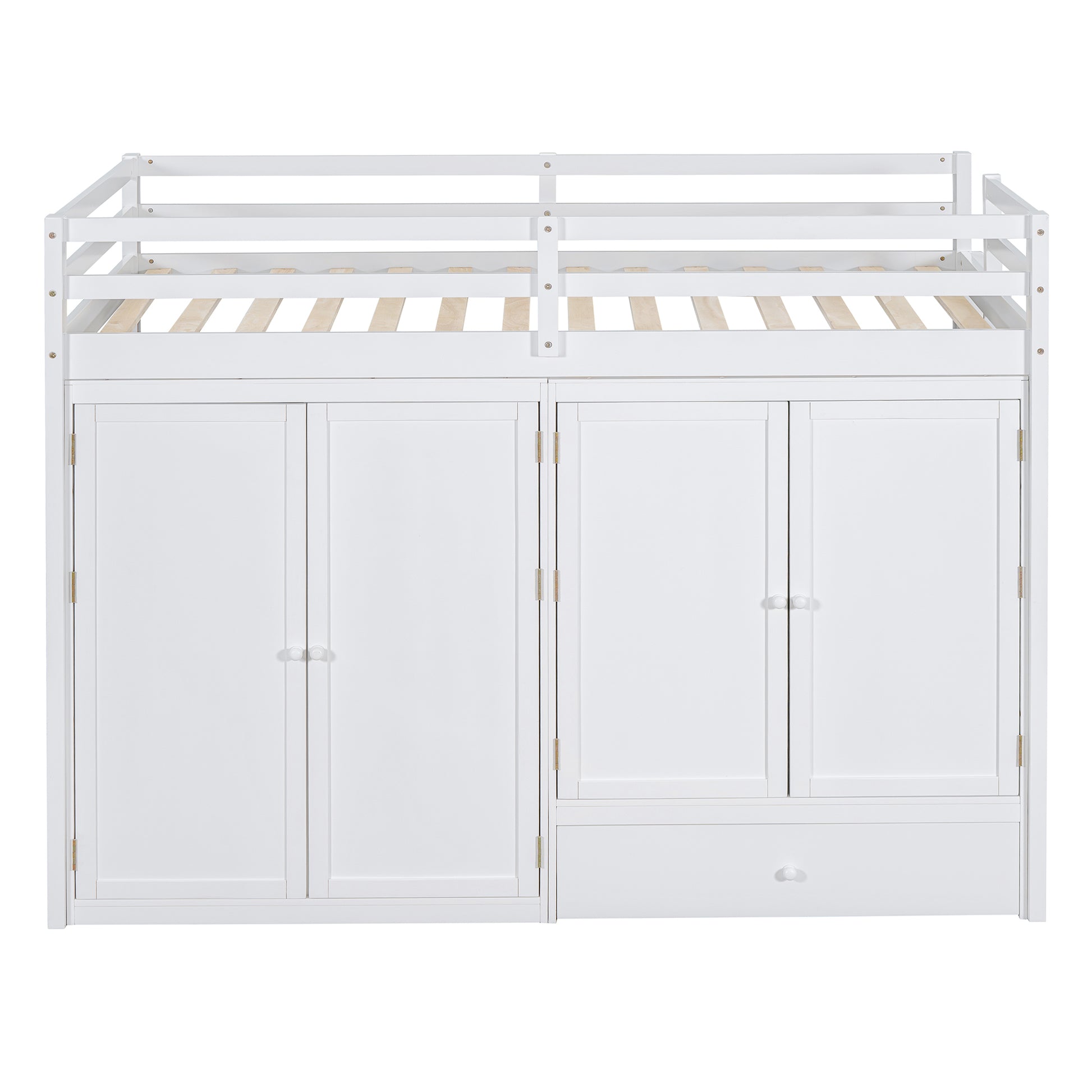 Twin Size Loft Bed With Drawer, Two Wardrobes And Mirror, White White Solid Wood Mdf