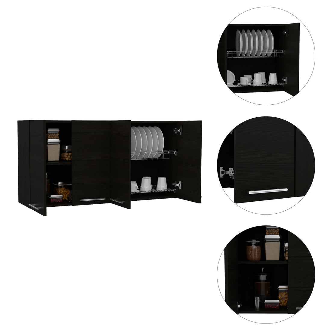 Wall Cabinet 24" H, Four Doors, With Two Internal Shelves And Internal Plate And Glass Organizer, Black Black Particle Board Particle Board