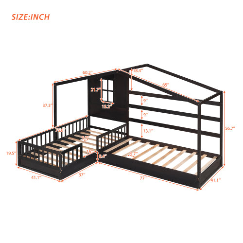 Wood House Bed Twin Size, 2 Twin Solid Bed L Structure With Fence And Slatted Frame, Espresso Twin Espresso Plywood