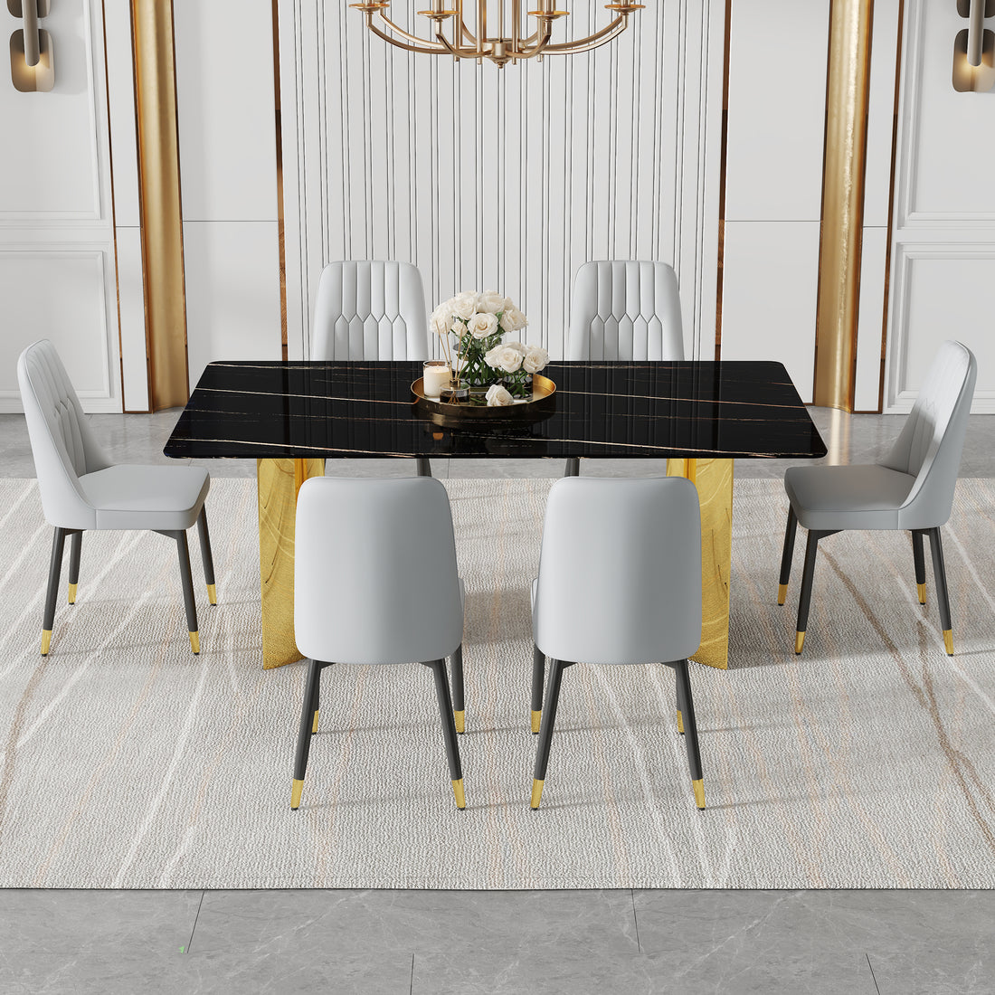 Table And Chair Set.The Table Has A Glass Top With Imitation Marble Pattern Stickers And Stainless Steel Golden Legs. Paried With Chairs With Pu Artificial Leather Backrest Cushions And Black Legs. Black Gold Seats 6 Glass Metal