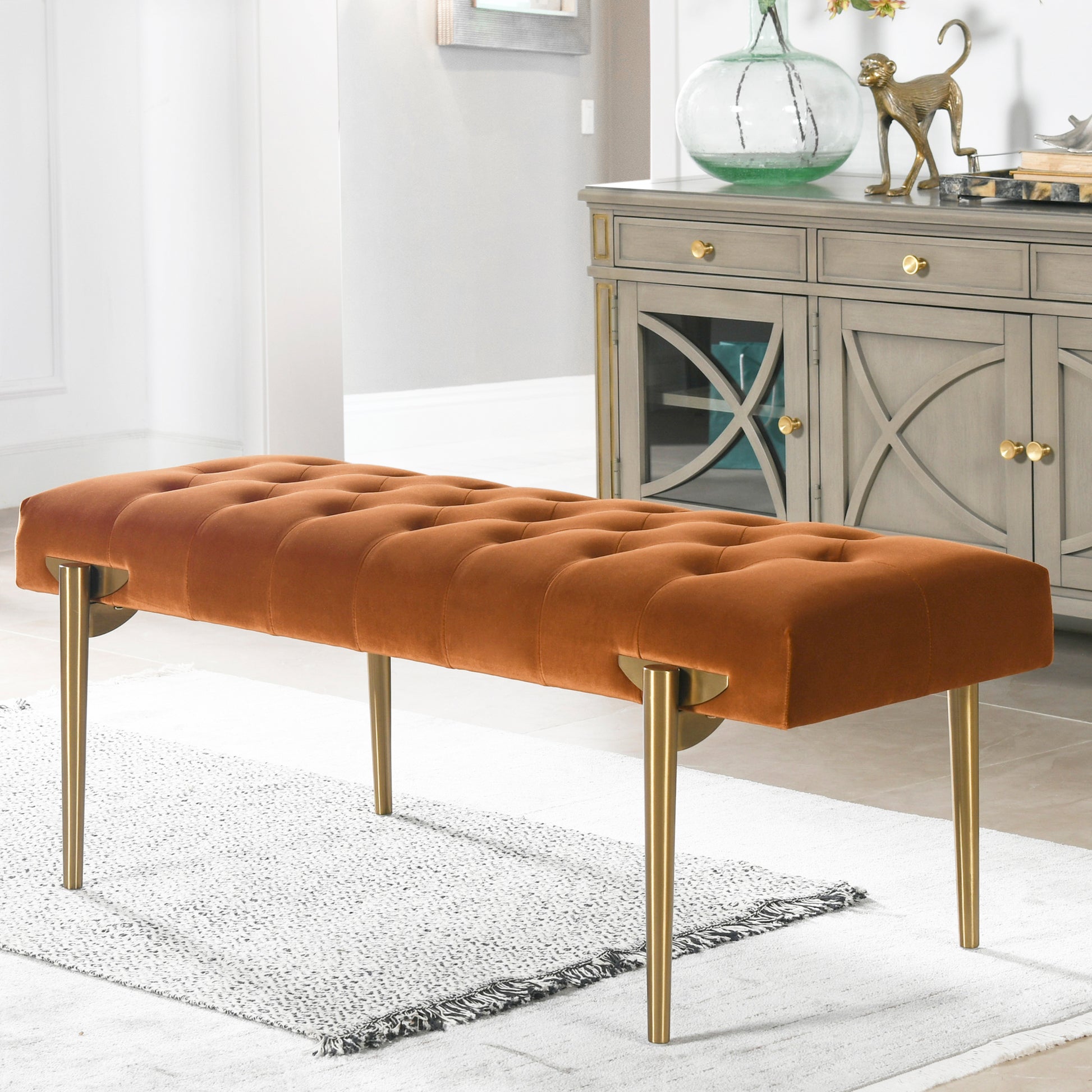 Aria Upholstered Gold Accent Bench, Burnt Orangeperformance Velvet Burnt Orange Foam Velvet