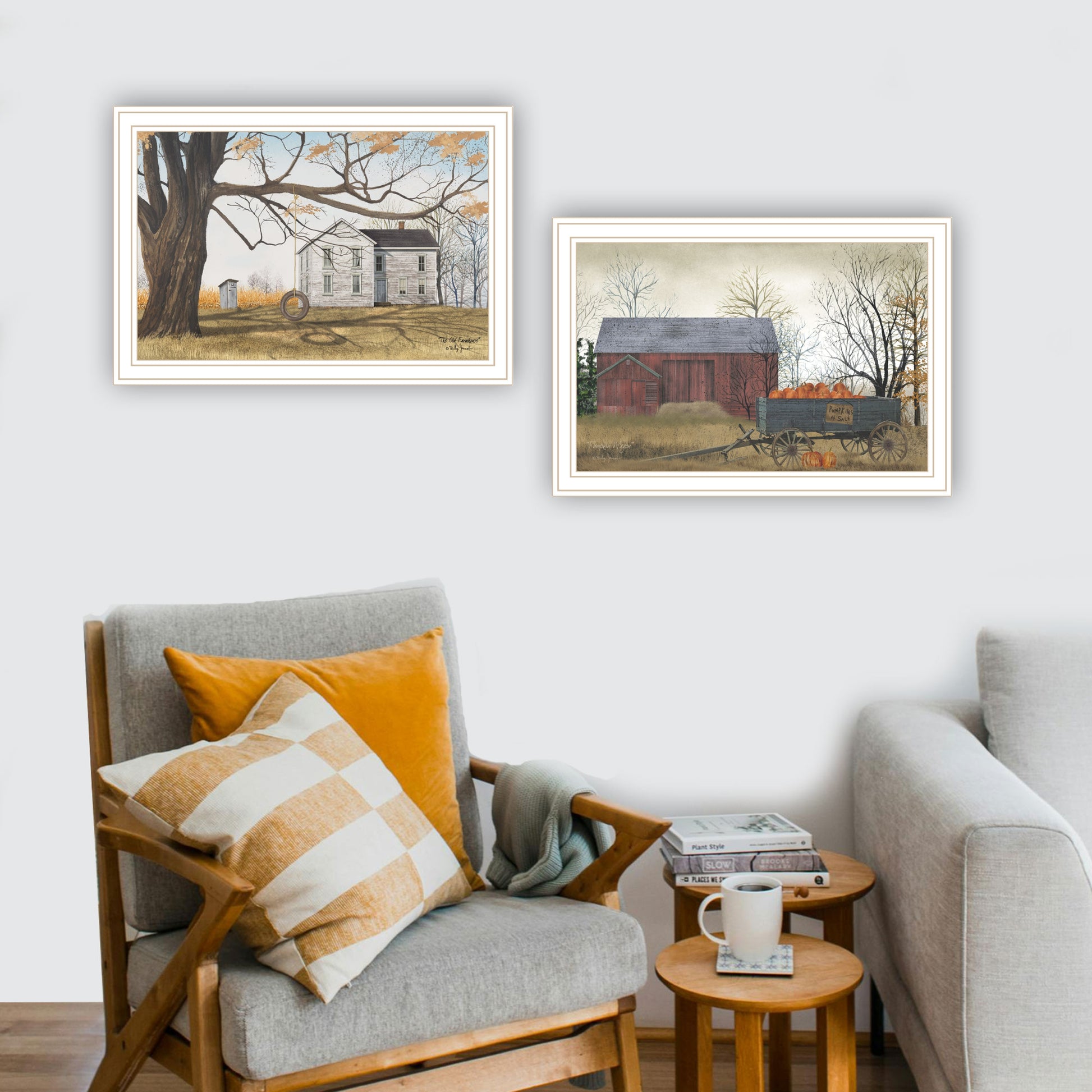2 Piece Vignette Farmhouse, Barn & Pumpkin Wagon White Framed Wall Art For Living Room, Bedroom Wall Art Print For Home Decor By Billy Jacobs Multicolor Wood Paper
