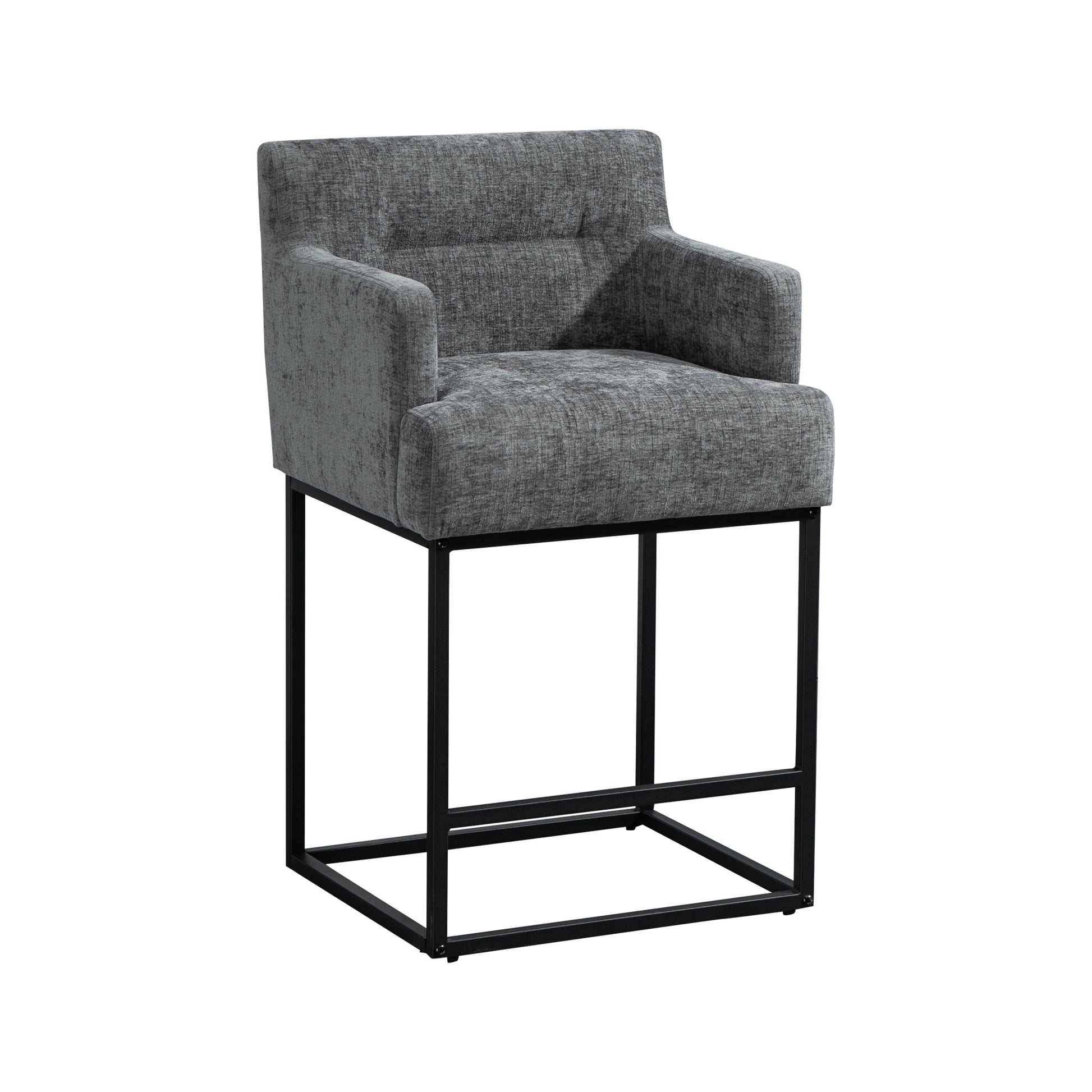 Coolmore Counter Height Bar Stools Set Of 2, Modern Barrel Bar Stool With Backrest And Arms, Black Metal Frames, Upholstered Bar Stools For Kitchen Island, Pub, Club Gray Foam Chenille
