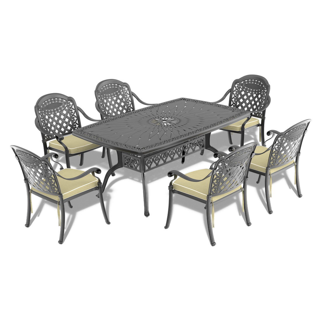 Cushions In Random Colors 7 Piece Set Of Cast Aluminum Patio Furniture With Cushions Yes Dining Set Black Seats 6 Rust Resistant Frame Water Resistant Cushion Garden & Outdoor Complete Patio Sets Aluminium