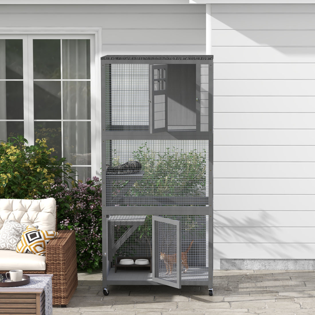 Pawhut 74" Wooden Catio Outdoor Cat House Weatherproof & Wheeled, Outside Cat Enclosure With High Weight Capacity, Kitten Cage Condo, Light Gray Light Gray Steel