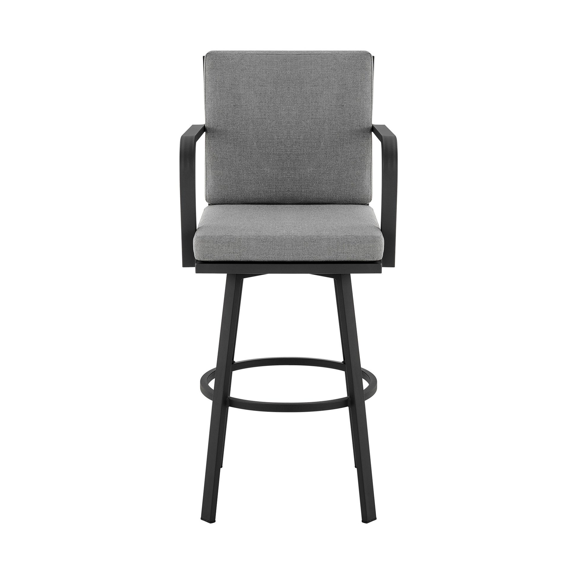 Faye 30 Inch Modern Patio Barstool, Black Aluminum Frame, Gray Cushions Grey Black Aluminum