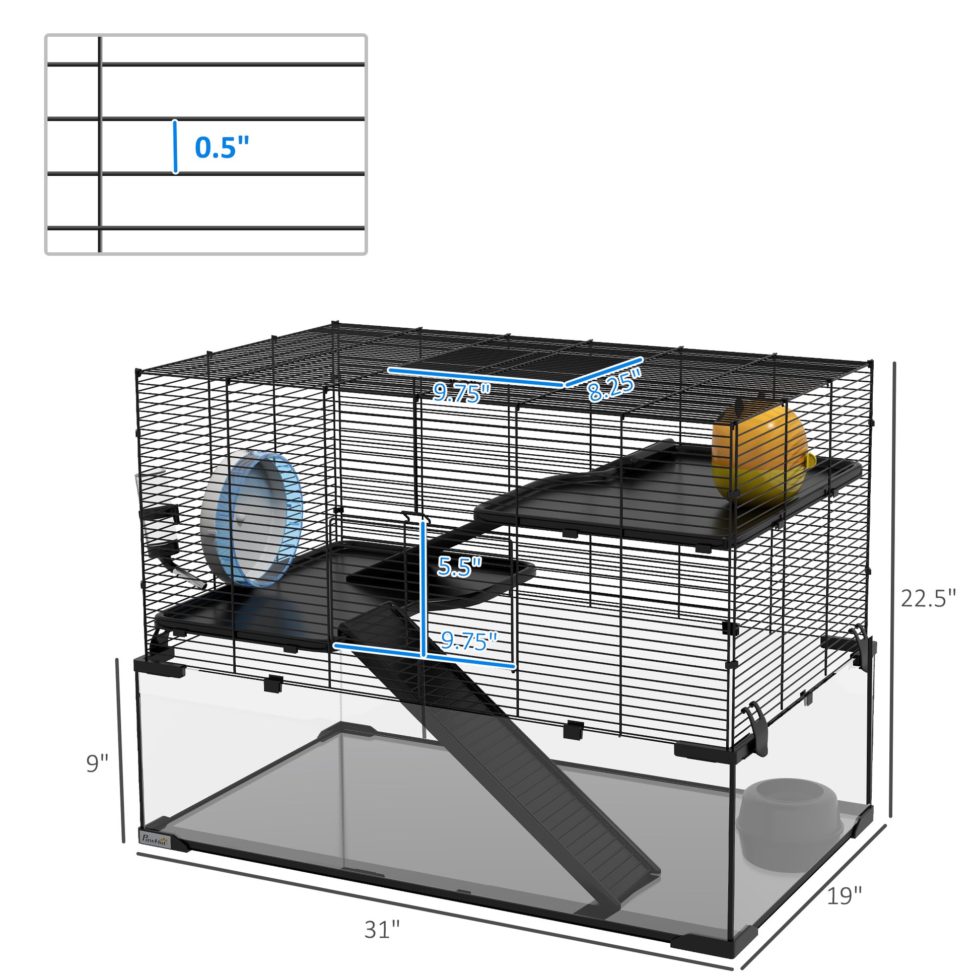 Pawhut Hamster Cage, 31" Gerbil Cage With Glass Basin, Ramps, Platforms, Hut, Exercise Wheel, For Small Hamsters, Black Black Steel