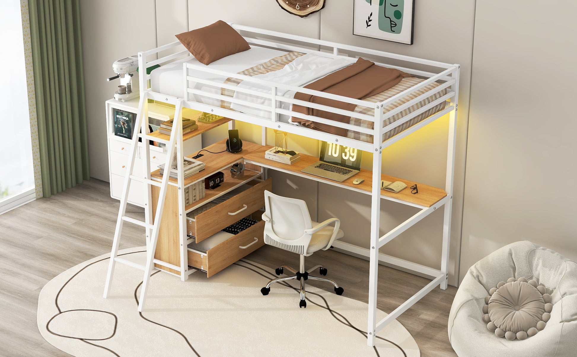 Twin Size Metal&Wood Loft Bed With Desk And Shelves, Two Built In Drawers, Led Light And Usb Charging Station, White Twin Oak Natural Wood Antique White Metal & Wood