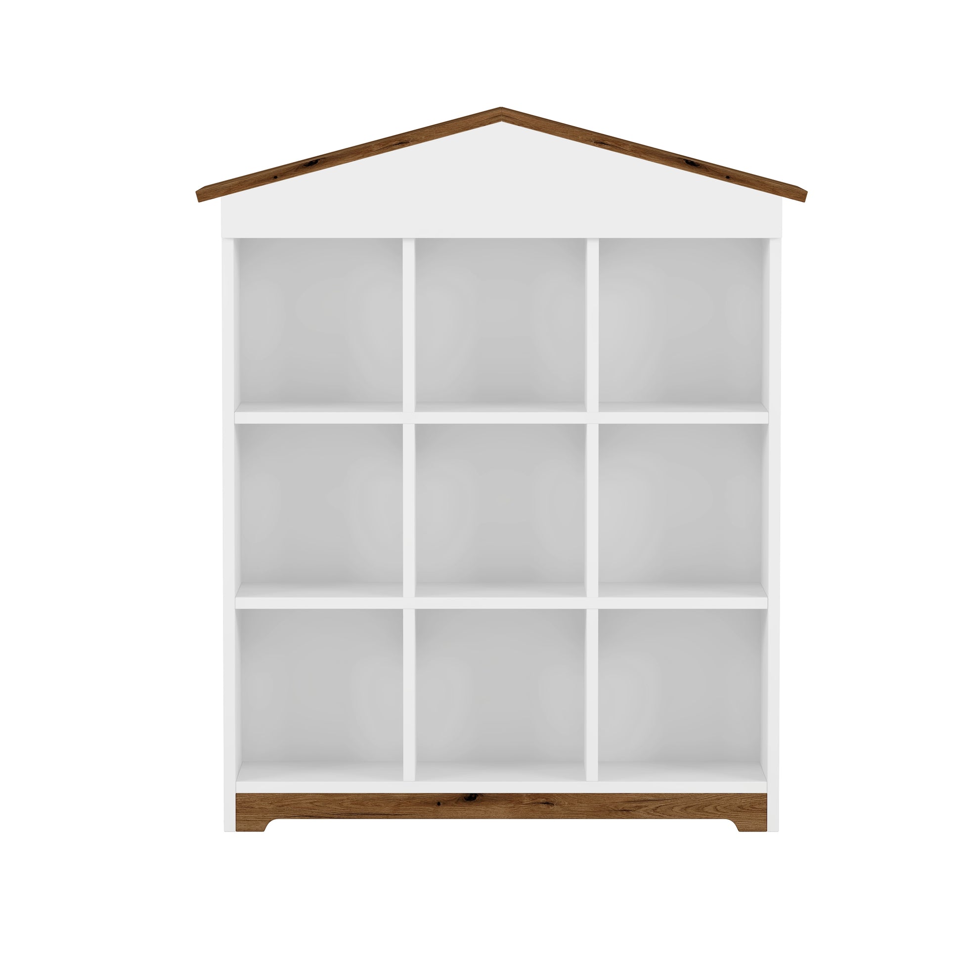 House Shaped Storage Rack With Nine Storage Compartments, Three Layer Bookshelf With Colorblock Design, White Brown Brown White Particle Board