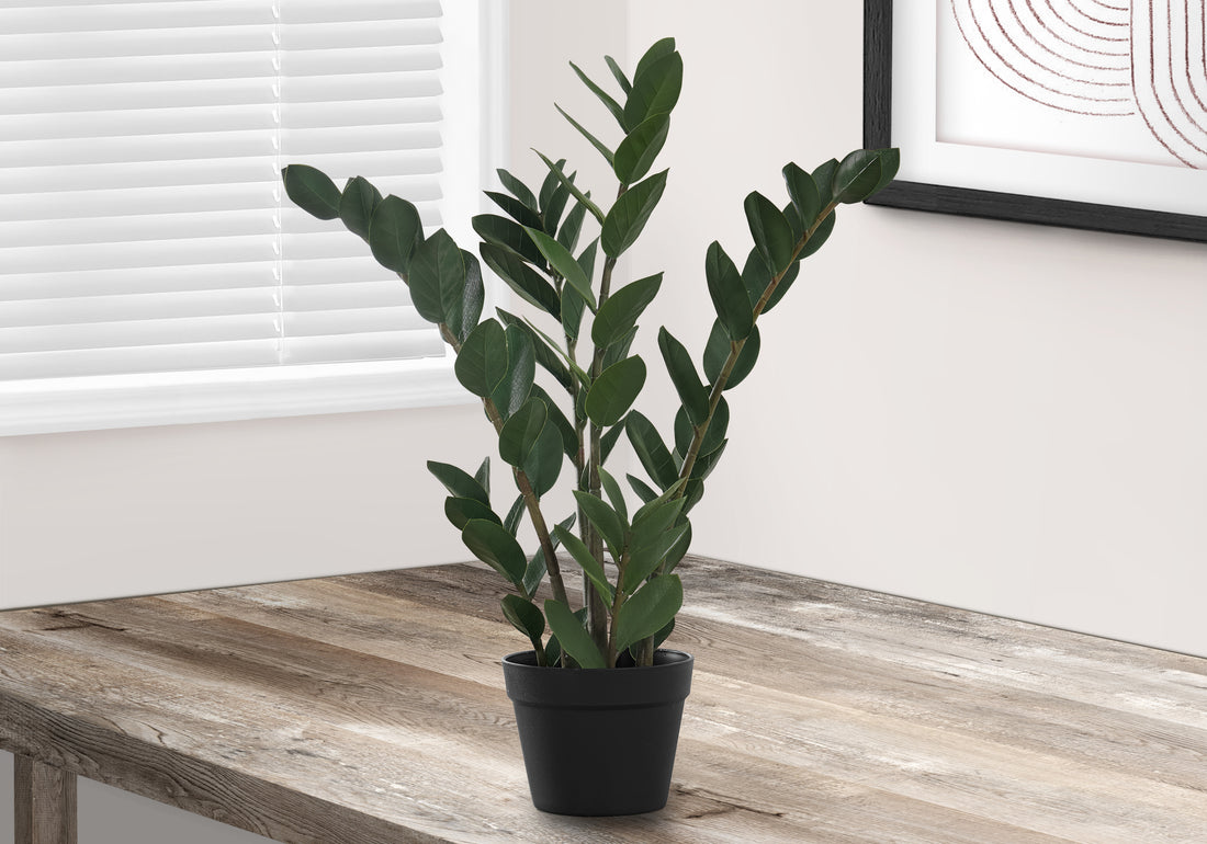 Artificial Plant, 29" Tall, Zz Tree, Indoor, Faux, Fake, Floor, Greenery, Potted, Real Touch, Decorative, Green Leaves, Black Pot Green Foam Plastic