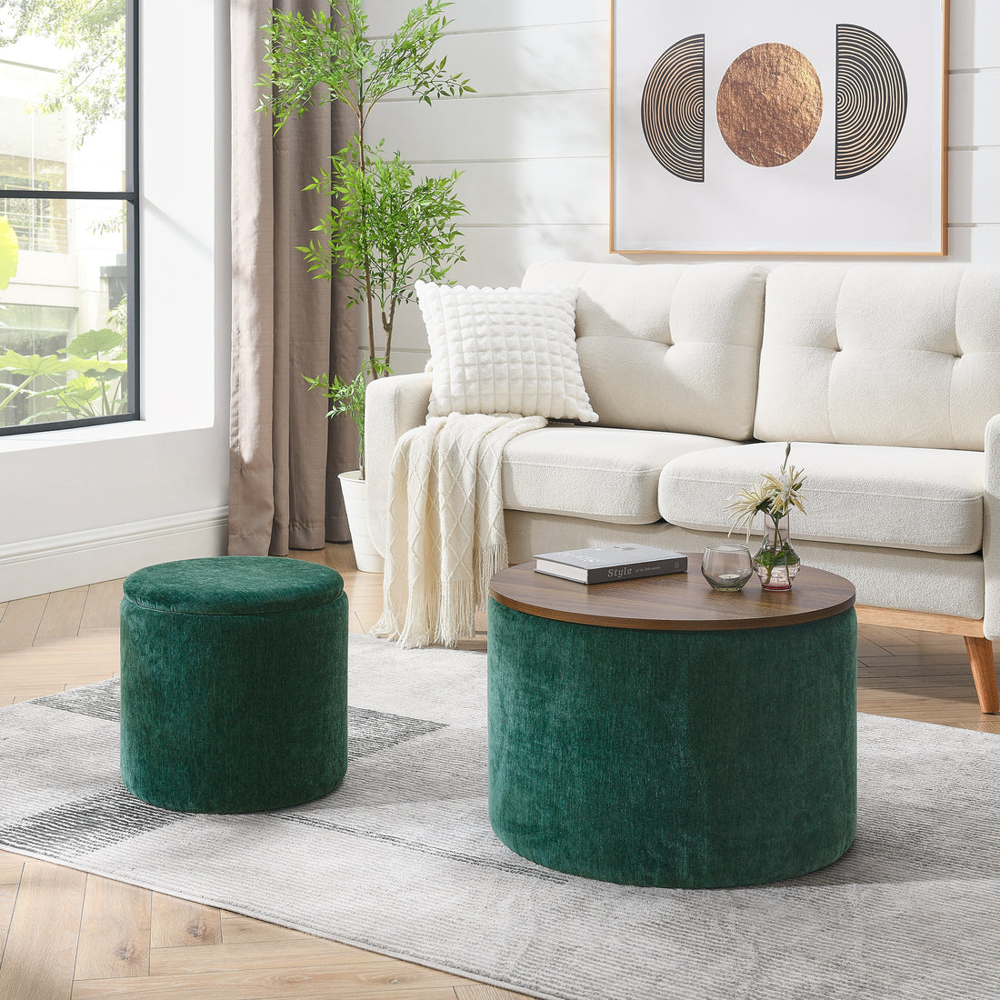 2 Piece Set Round Chenille Storage Ottoman, Equipped With A Drum Shaped Small Stool, Storage Space, And Mdf Made Desktop Panel Dark Green23.62"X23.62"X16.53" Dark Green Chenille