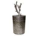 21 Inch Lidded Metal Jar, Textured Body, Branched Finial, Silver Silver Metal