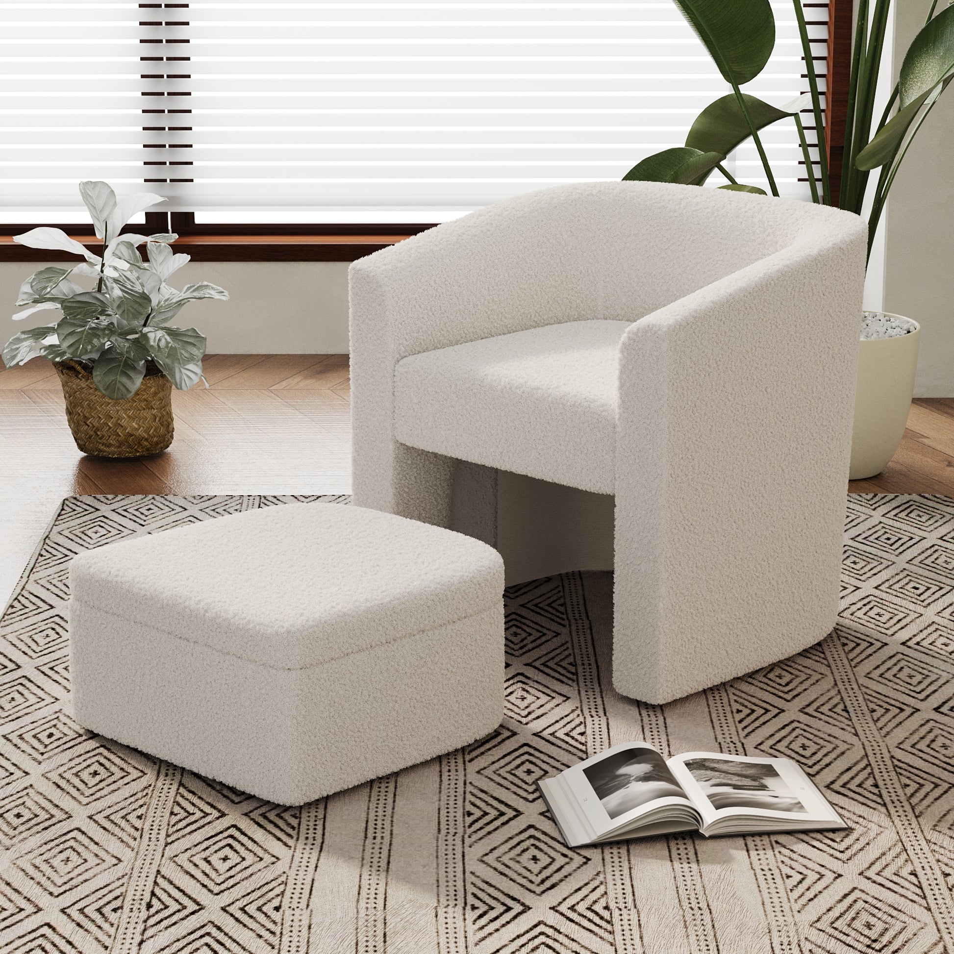 Accent Chair White Sofa Chair One Set, Modern Living Room Side Chair, Single Sofa Chair, Footstool With Storage, Suitable For Bedroom Office Reading Space, Study Cream White Cream White Foam Velvet