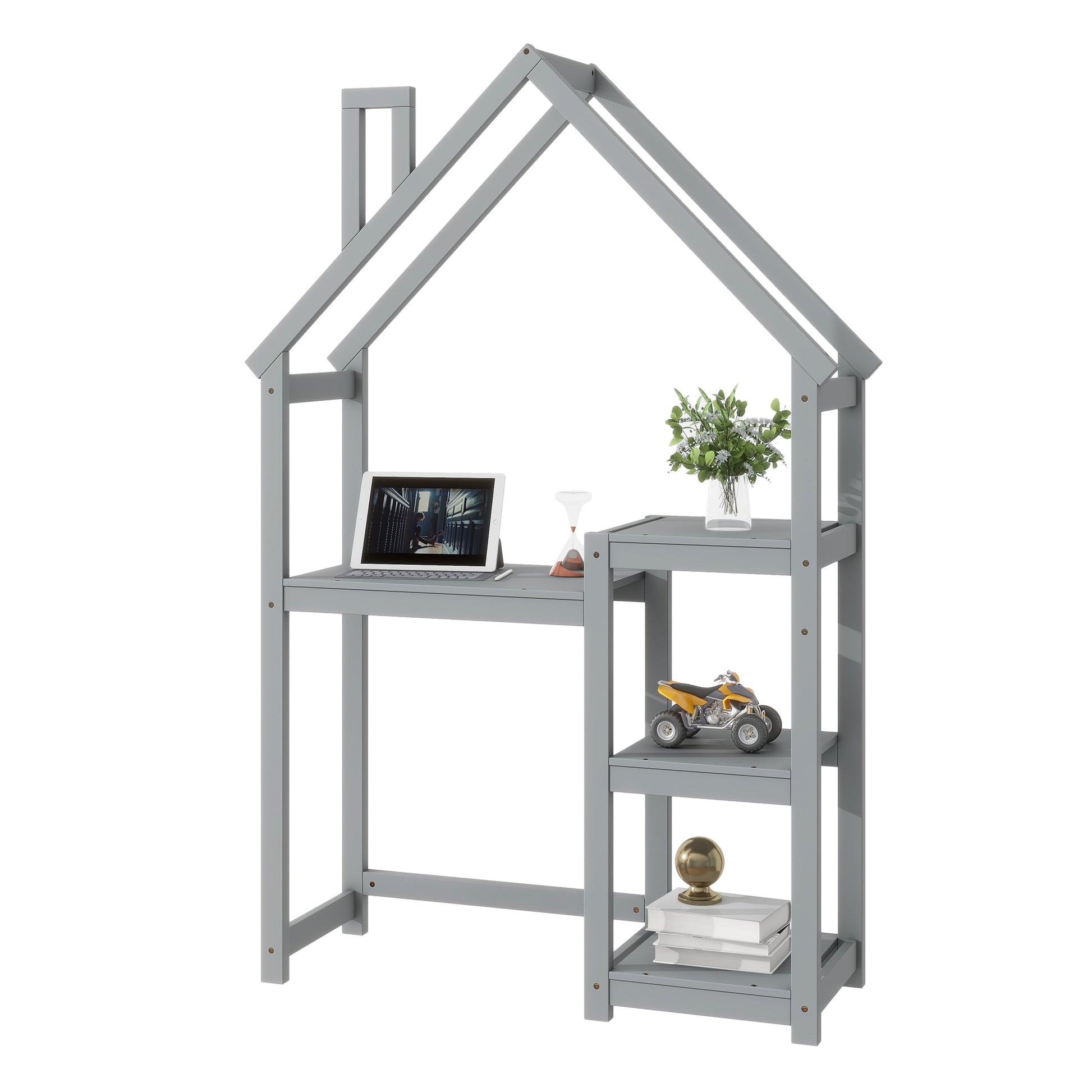 House Shaped Wooden Writing Desk,Kids Study Table,Bookshelf & Toy Storage,Grey Twin Grey American Design Pine