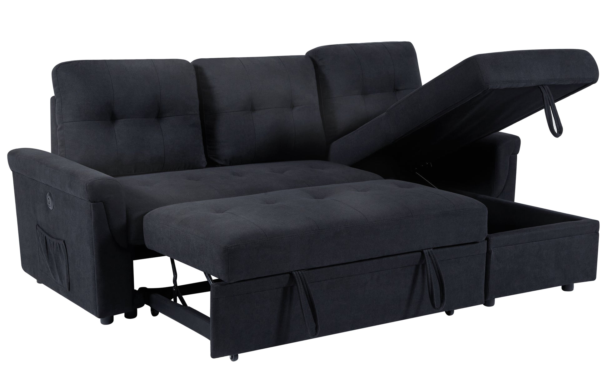 Variable Sofa Bed With Storage And Usb Charging Port Black Wood Medium Soft Foam Cotton Linen 3 Seat