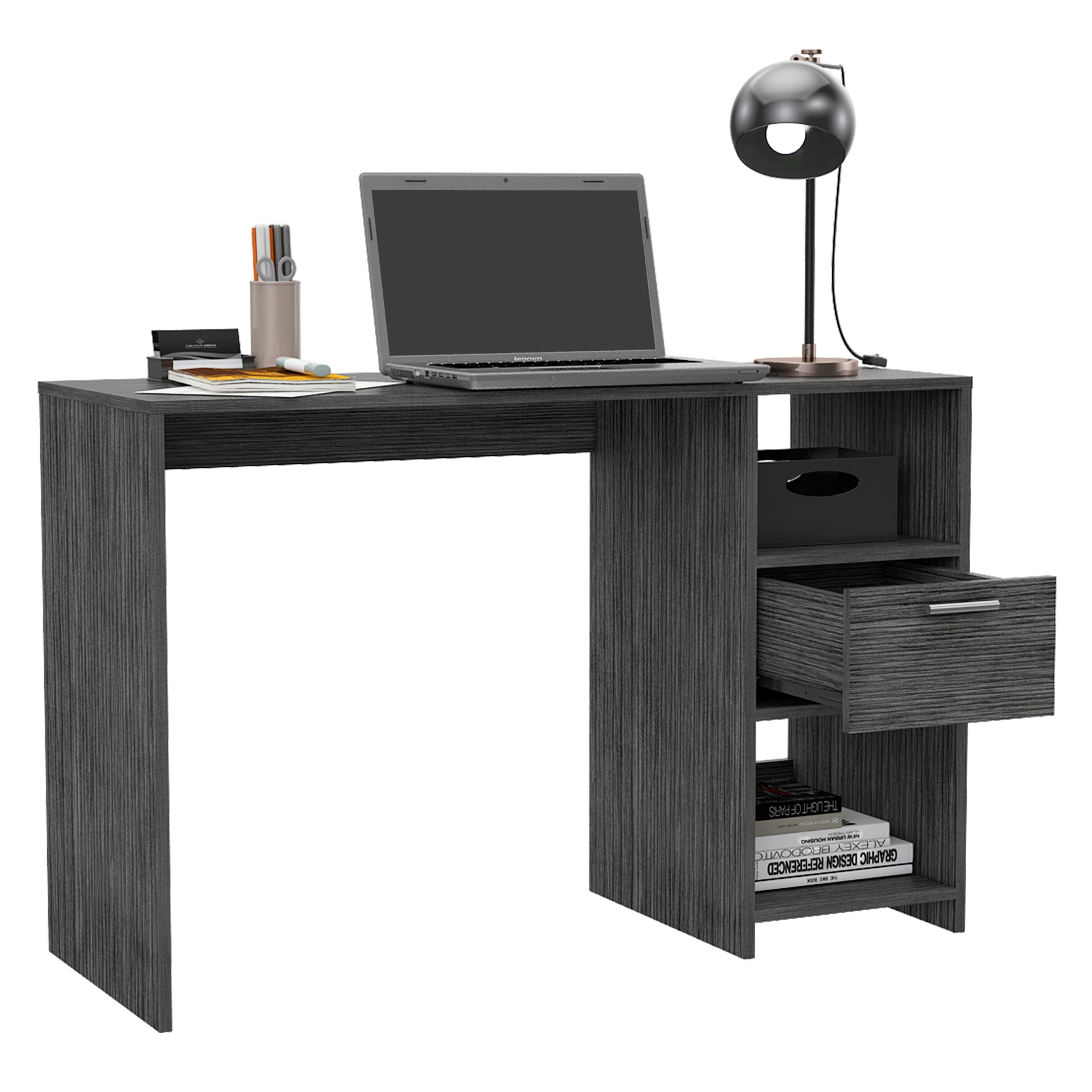 Omma Computer Desk, One Drawer, Two Shelves Grey Computer Desk Office Modern Freestanding Rectangular Open Storage Desk Rectangular Particle Board Engineered Wood