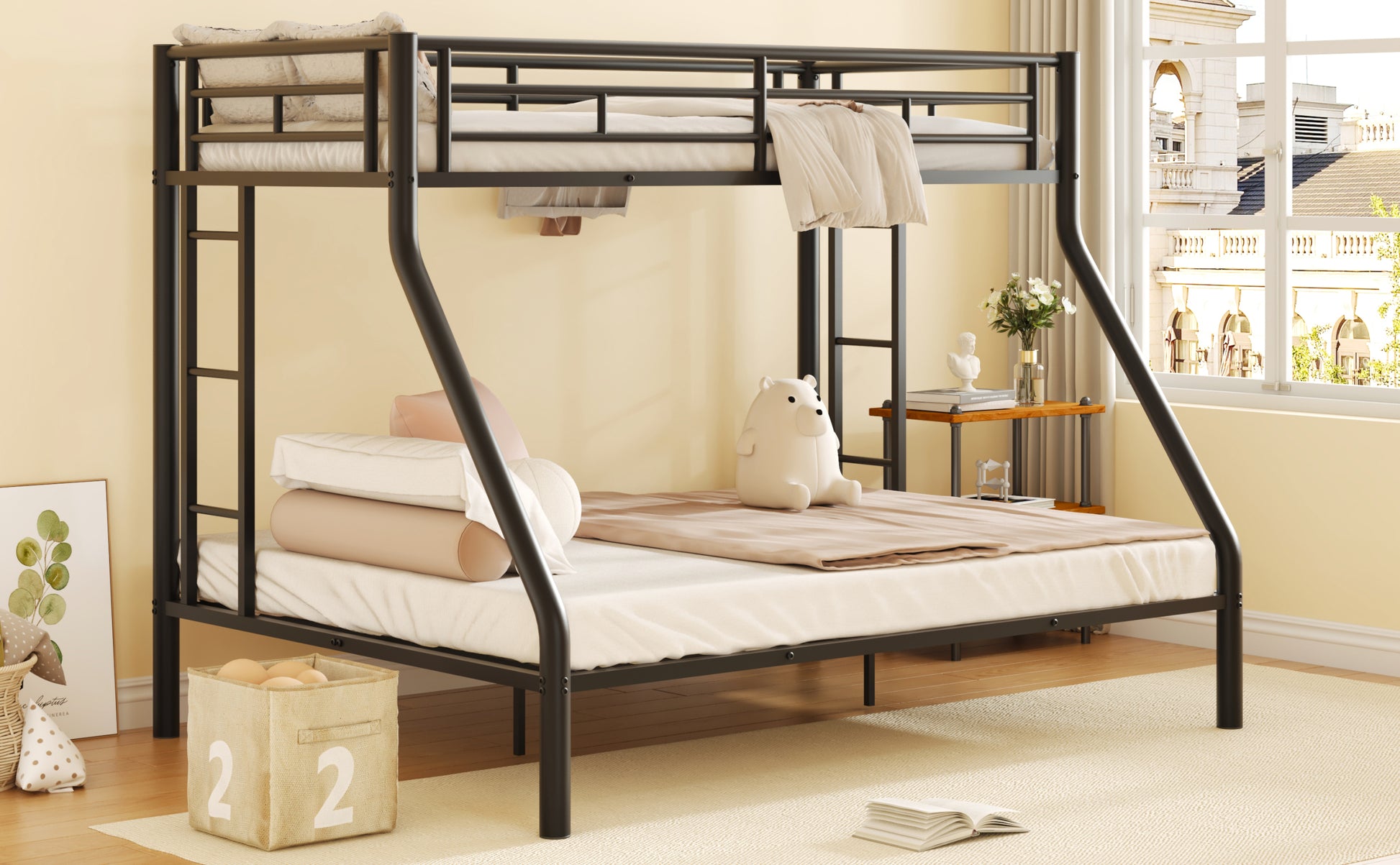 Twin Xl Over Queen Metal Bunk Bed With Ladder And Guardrails, Black Expected Arrival Time: 9.7 Box Spring Not Required Twin Xl Black Metal Metal