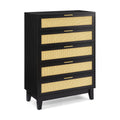 Bedroom 5 Drawer Dresser, Rattan Dresser Modern Wooden Chest Of Drawers With Spacious Storage Space For Bedroom Hallway Living Room Black Solid Wood Mdf