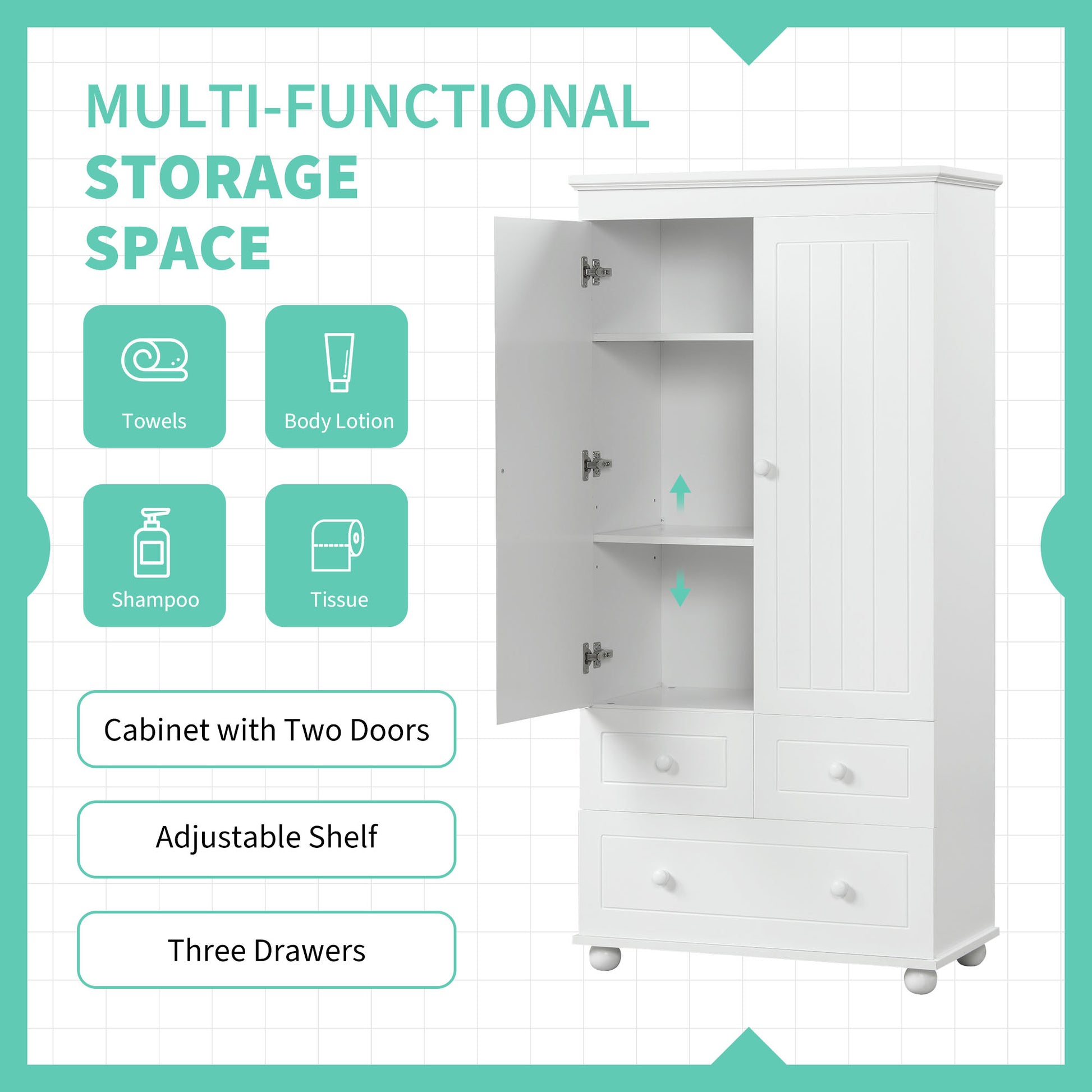 Tall Storage Cabinet With Three Drawers For Bathroom Office, White White Mdf