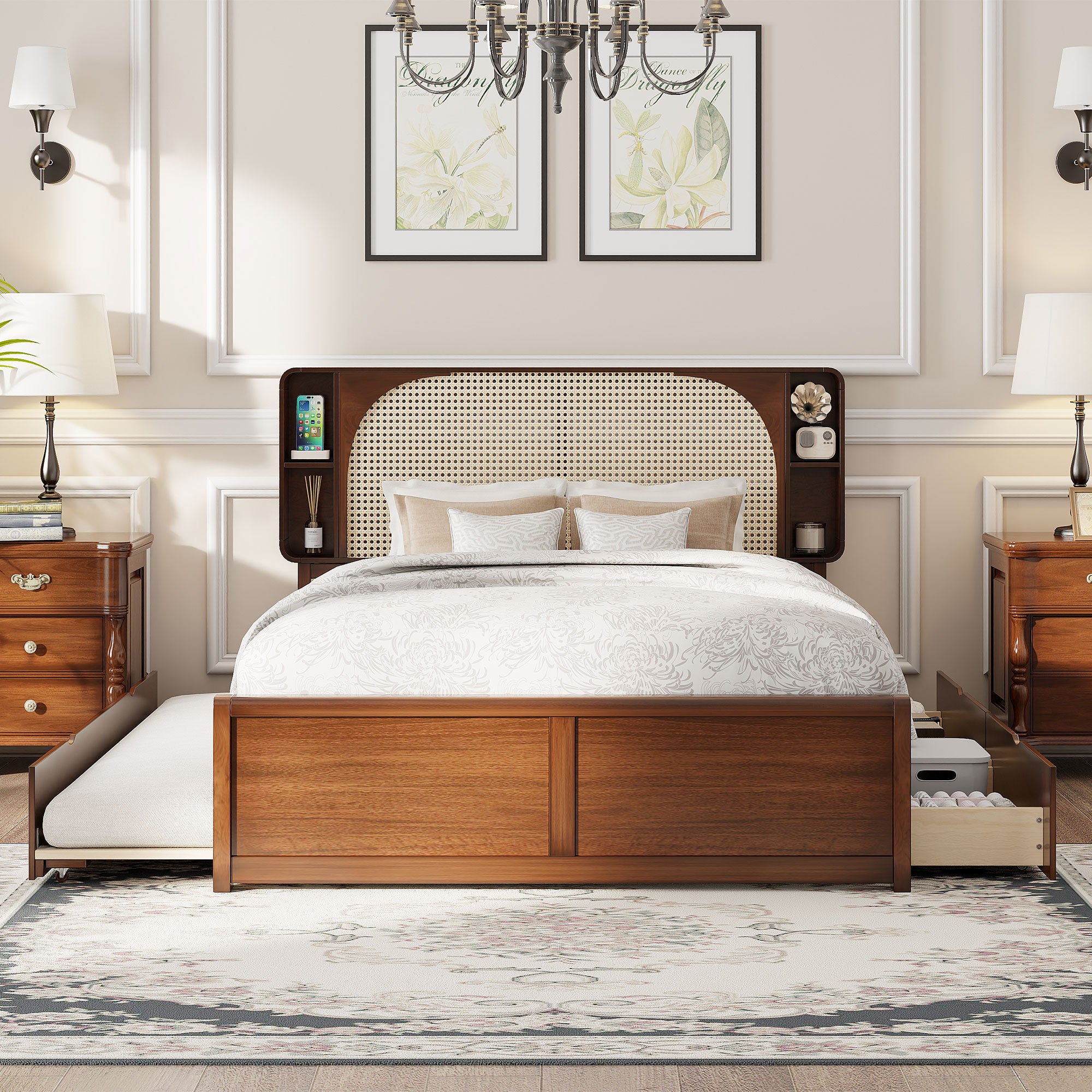 Queen Size Rattan Headboard Bed With Two Drawers And Trundle, Walnut Queen Walnut Solid Wood Mdf