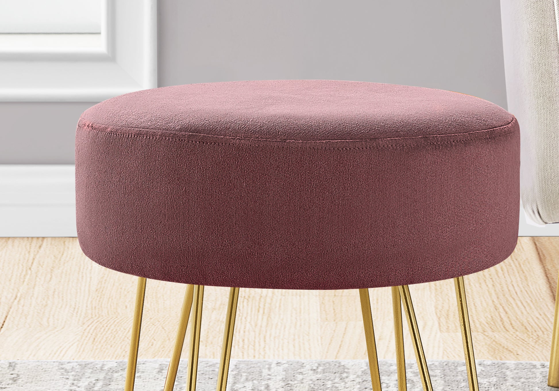 Ottoman, Pouf, Footrest, Foot Stool, 14" Round, Pink Fabric, Gold Metal Legs, Contemporary, Modern Gold Foam Polyester