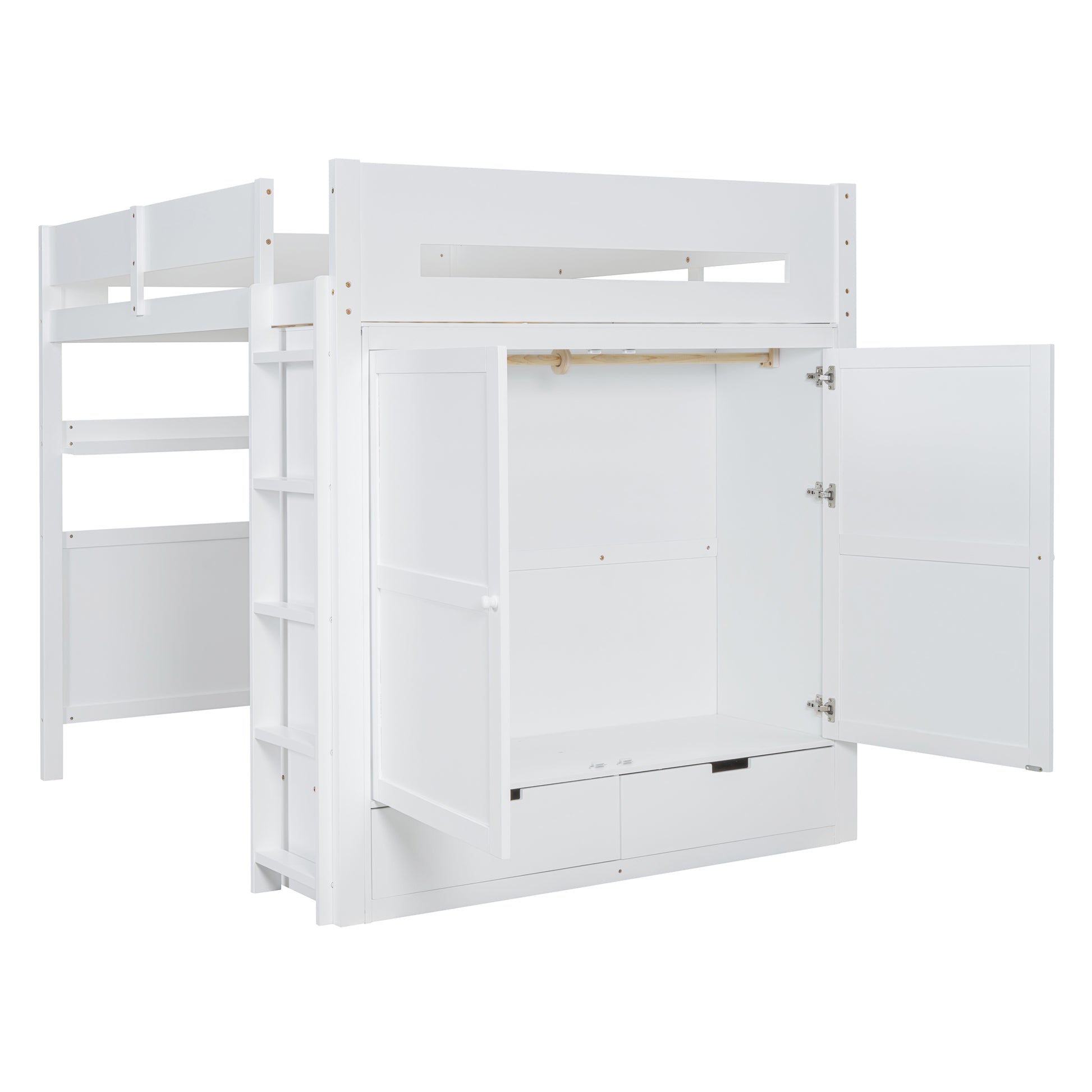 Full Size Wooden Loft Bed With Wardrobe, Desk, Drawers, Shelves, White Full White Plywood