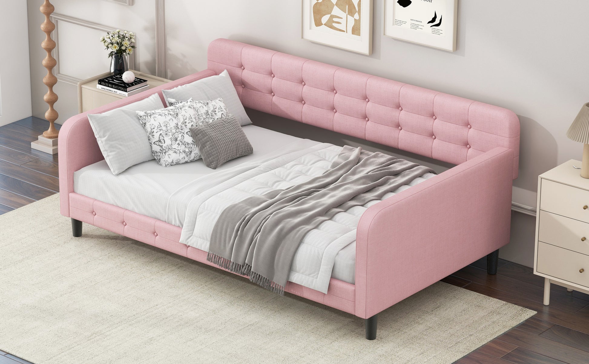 Twin Size Upholstered Tufted Daybed With 4 Support Legs, Pink Box Spring Not Required Twin Pink Wood Bedroom Daybeds Linen Upholstered