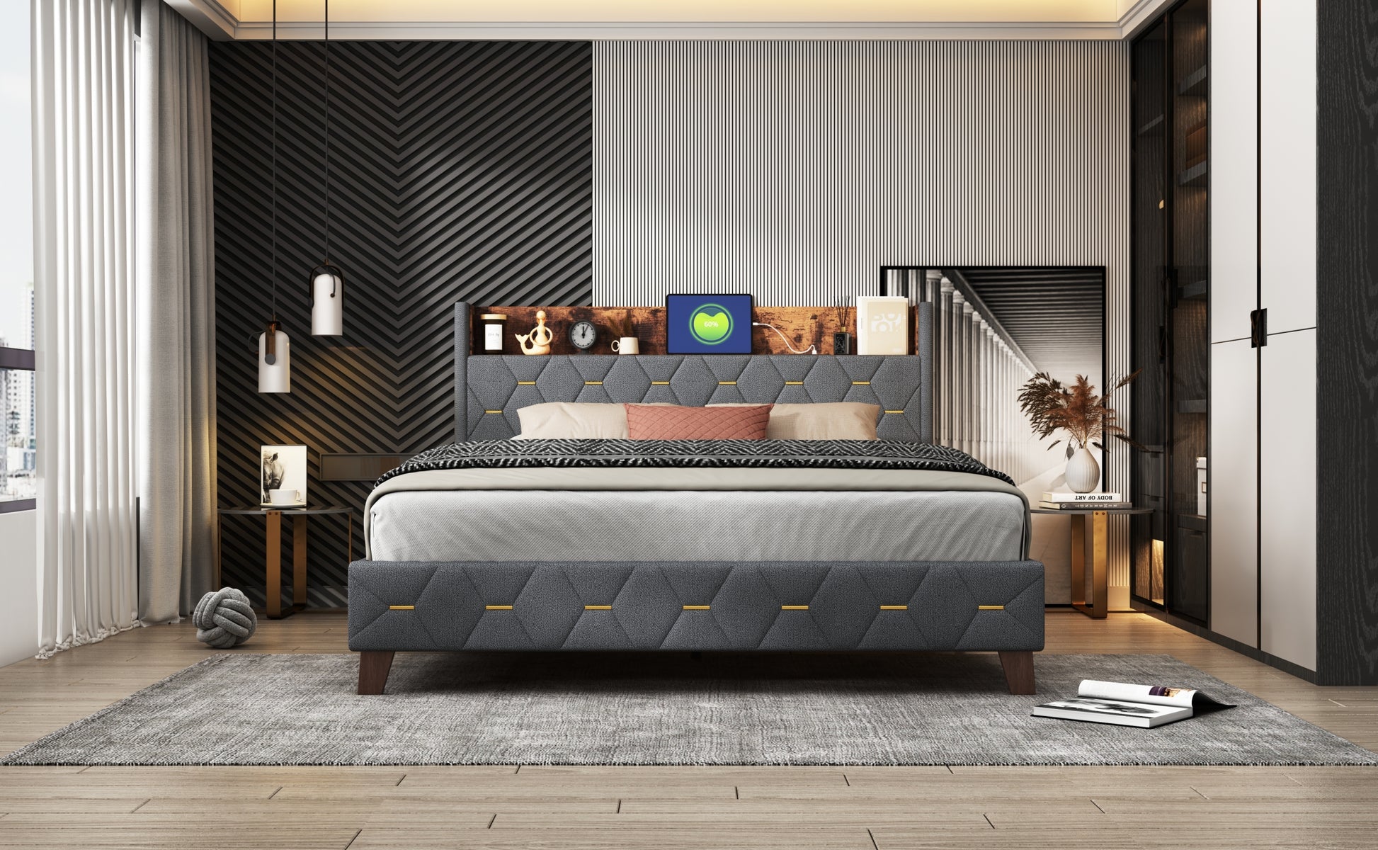 Queen Bed With Elegant Gold Metal Buttons, Built In Usb Ports, Phone Storage Pocket, And Spacious Headboard Shelving Sturdy Frame Supports Up To 300 Lbs,Mattress Not Included Queen Aqua Grey Abs