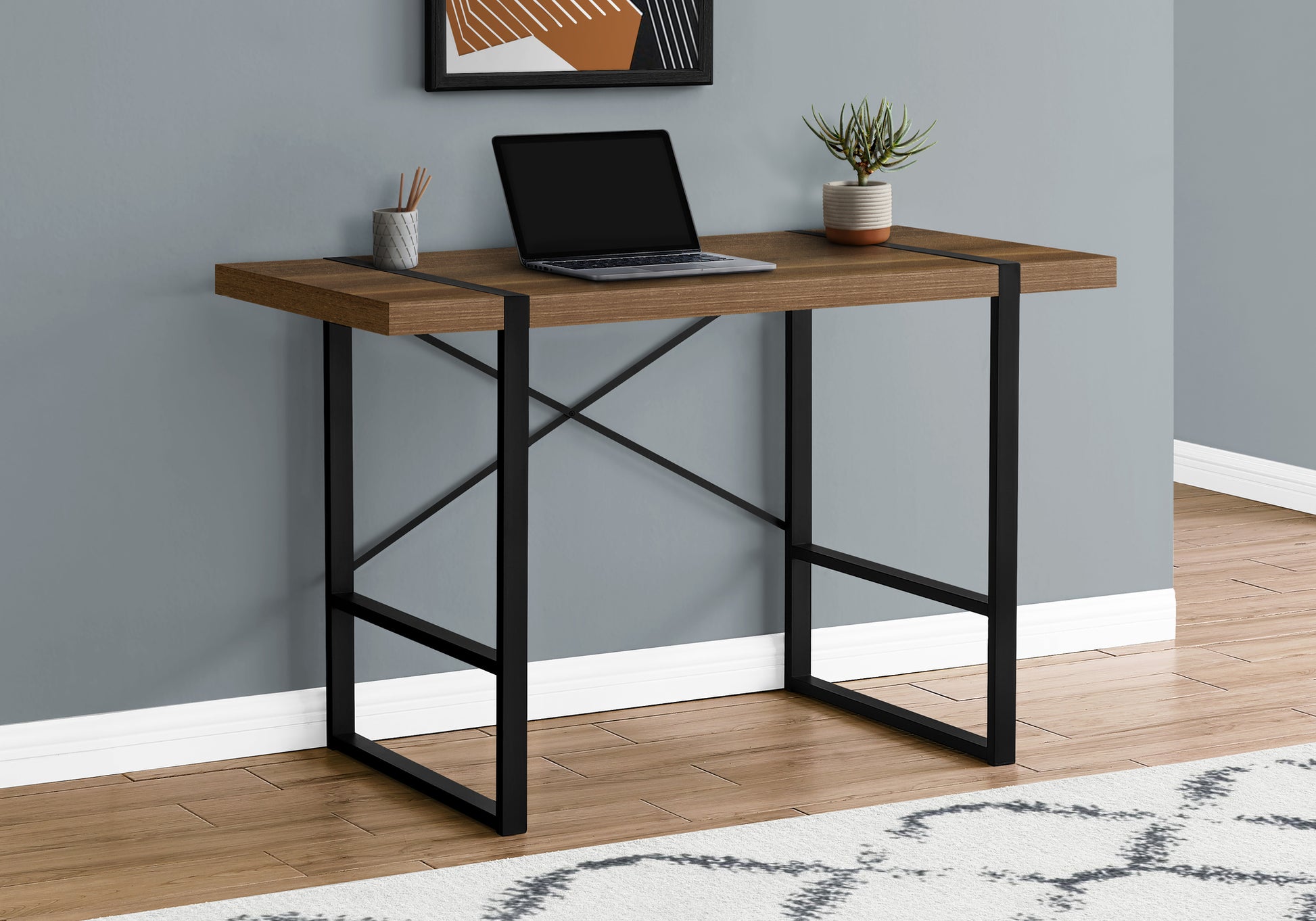 Computer Desk, Home Office, Laptop, 48"L, Work, Walnut Laminate, Black Metal, Contemporary, Modern Walnut Particle Board