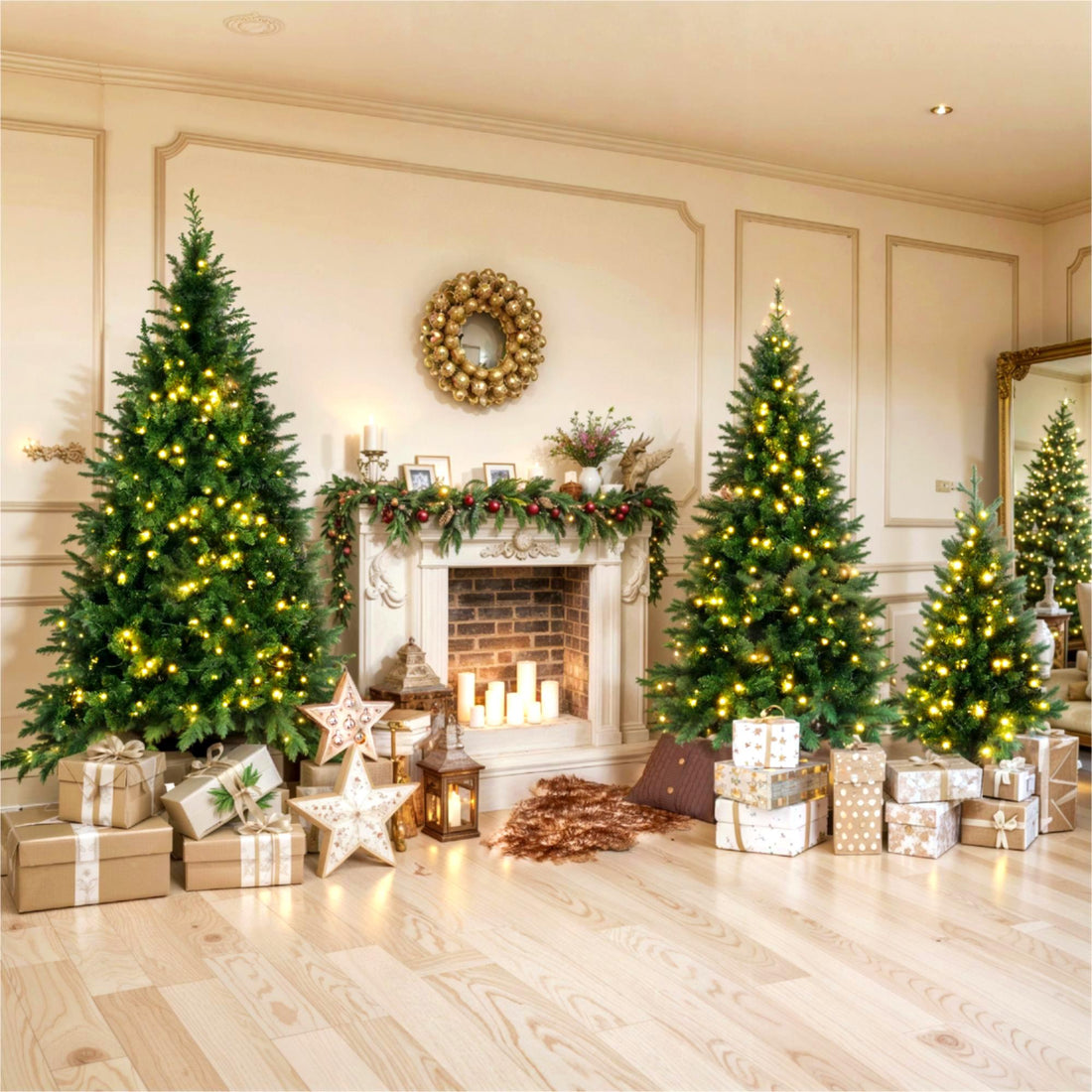 8Ft, 6Ft, 4Ft Pre Lit Green Pine Artificial Christmas Tree, Set Of 3 Hinged Xmas Trees With 820 Warm Yellow Led Lights And 2539 Branch Tips, Holiday Decoration For Home,Office And Party Green Pvc