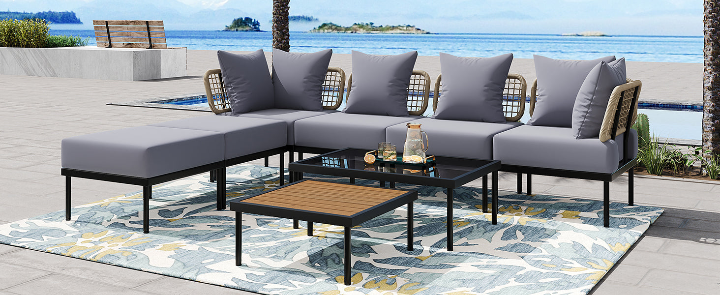 8 Piece Patio Sectional Sofa Set With Tempered Glass Coffee Table And Wooden Coffee Table For Outdoor Oasis, Garden, Patio And Poolside Light Grey Cushion Black Steel Light Grey Iron