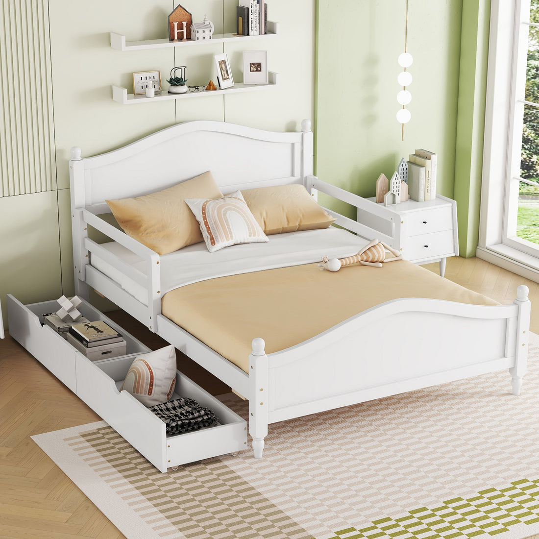 Full Size Wood Platform Bed With Guardrails On Both Sides And Two Storage Drawers ,White Full White Wood