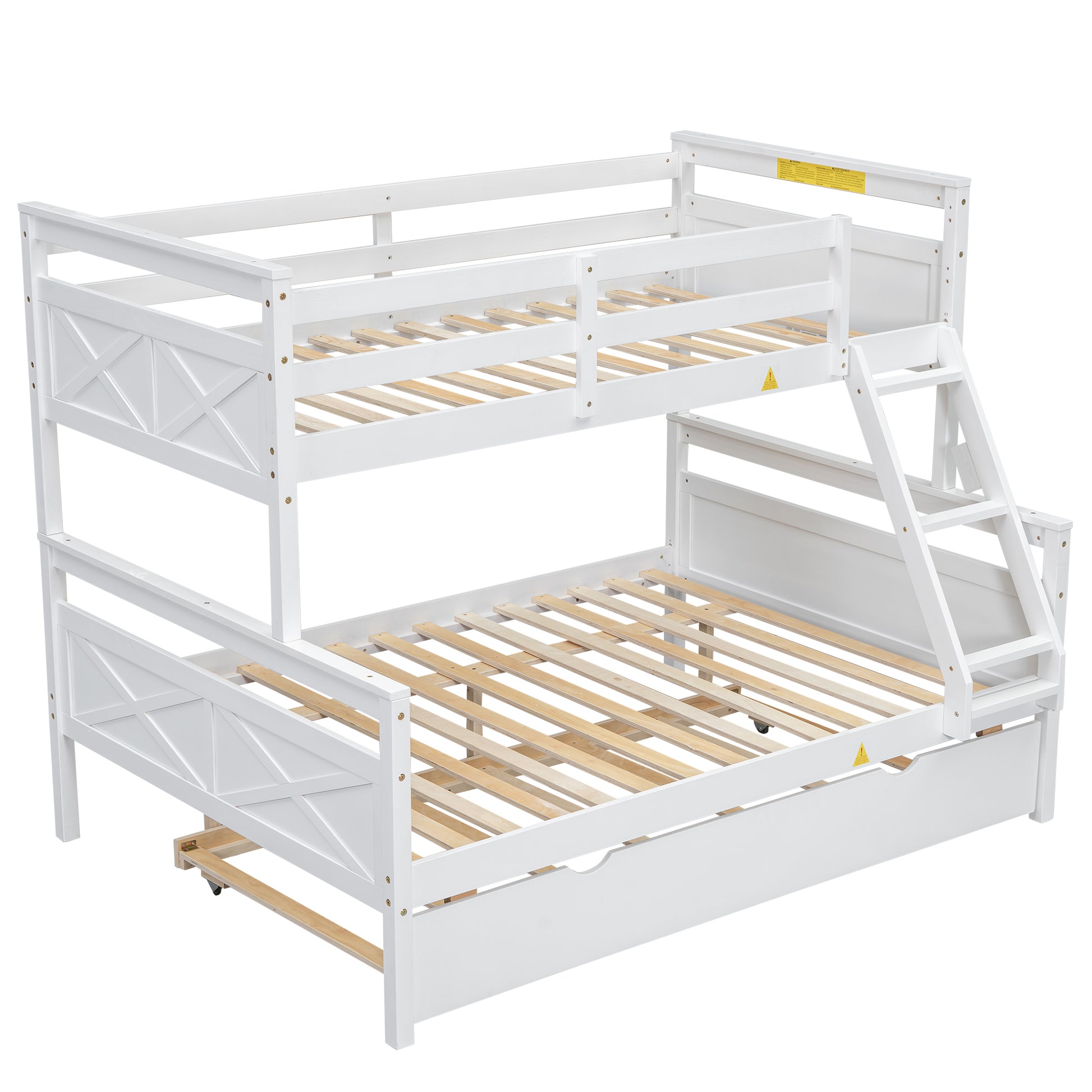 Twin Over Full Bunk Bed With Ladder, Twin Size Trundle, Safety Guardrail, White Box Spring Not Required Twin White Wood Bedroom Bunk Pine