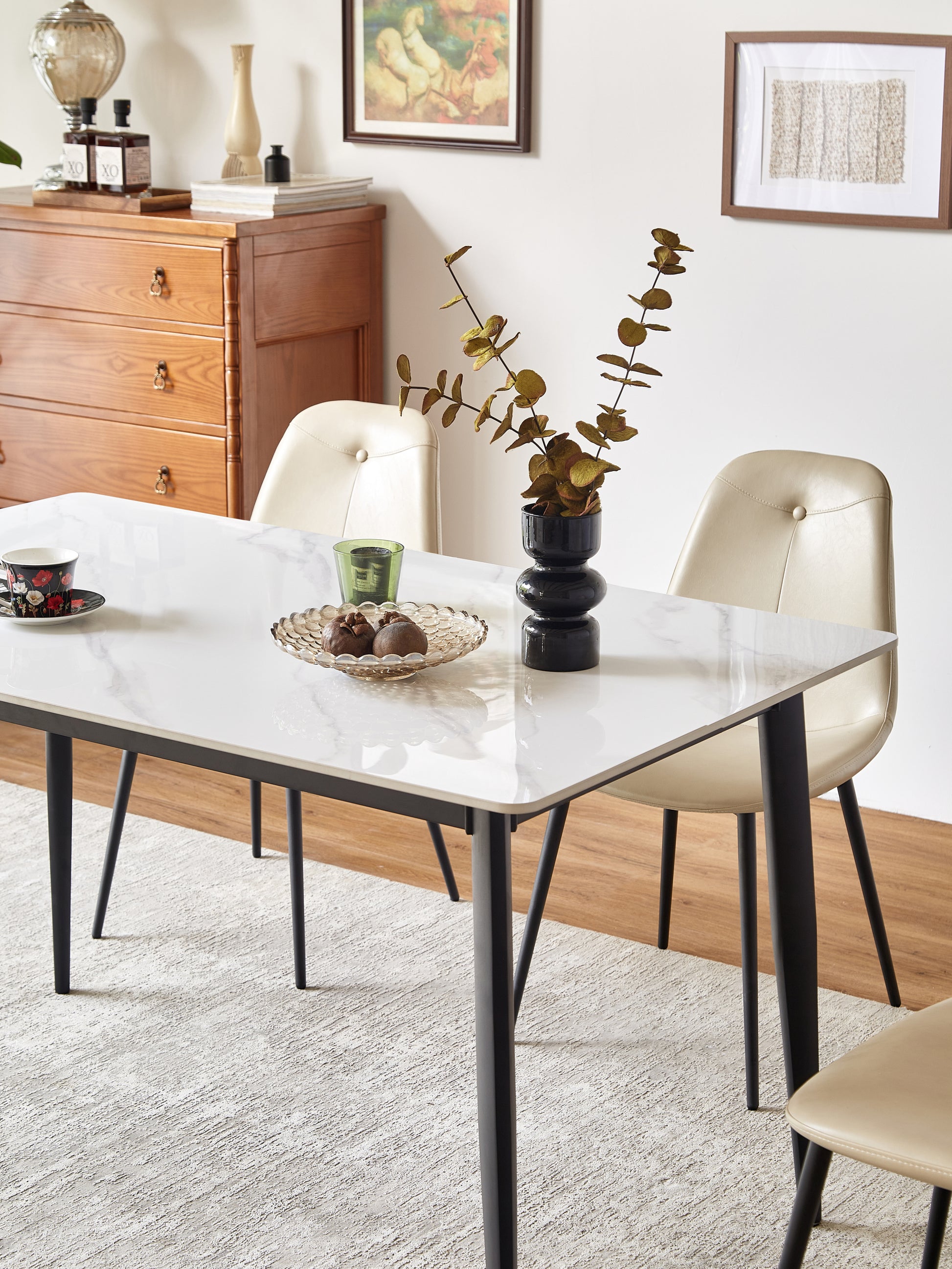 Dining Table Table 55" Rectangular White Kitchen Table With Porcelain Table Top And Metal Legs,Dining Room Table For 4,Mid Century Dinner Table For Living Room And Office,Table Only White Black European Ceramic Tile Iron