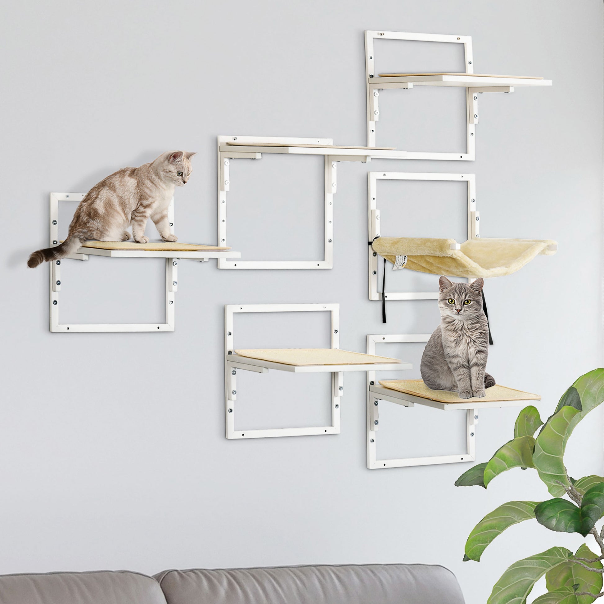 Pawhut 6 Pc Modern Cat Wall Shelves For Indoor Cats, Height Adjustable Jumping Platforms & Cat Hammock, Cat Shelves And Perches For Wall Mounted Cat Tree, Cat Climbing Shelf Set, Cream Cream White Particle Board