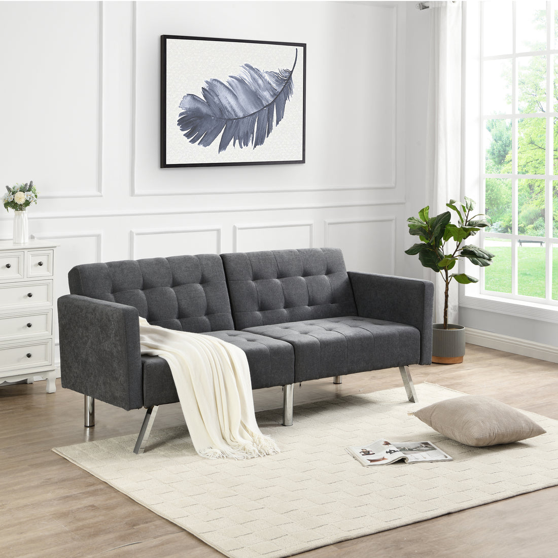 Sofa Bed Convertible Folding Dark Grey Lounge Couch Loveseat Sleeper Sofa Armrests Living Room Bedroom Apartment Reading Room Dark Gray Linen 2 Seat