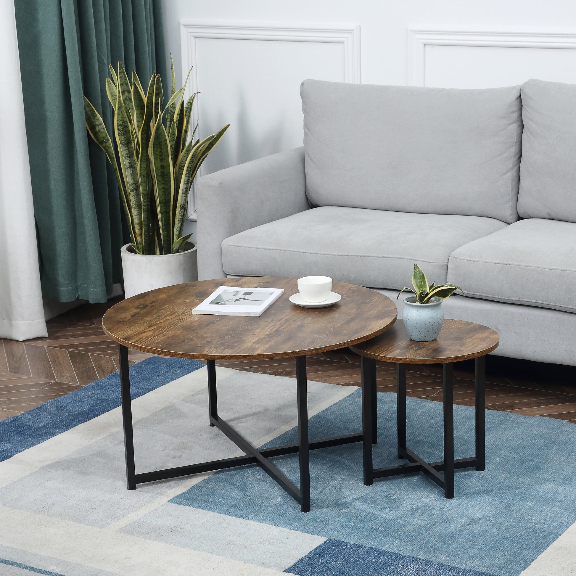 Homcom Round Coffee Table Set Of 2, Industrial Living Room Tables With Metal Frame, Circle Coffee Tables For Living Room, Rustic Brown Rustic Brown Mdf